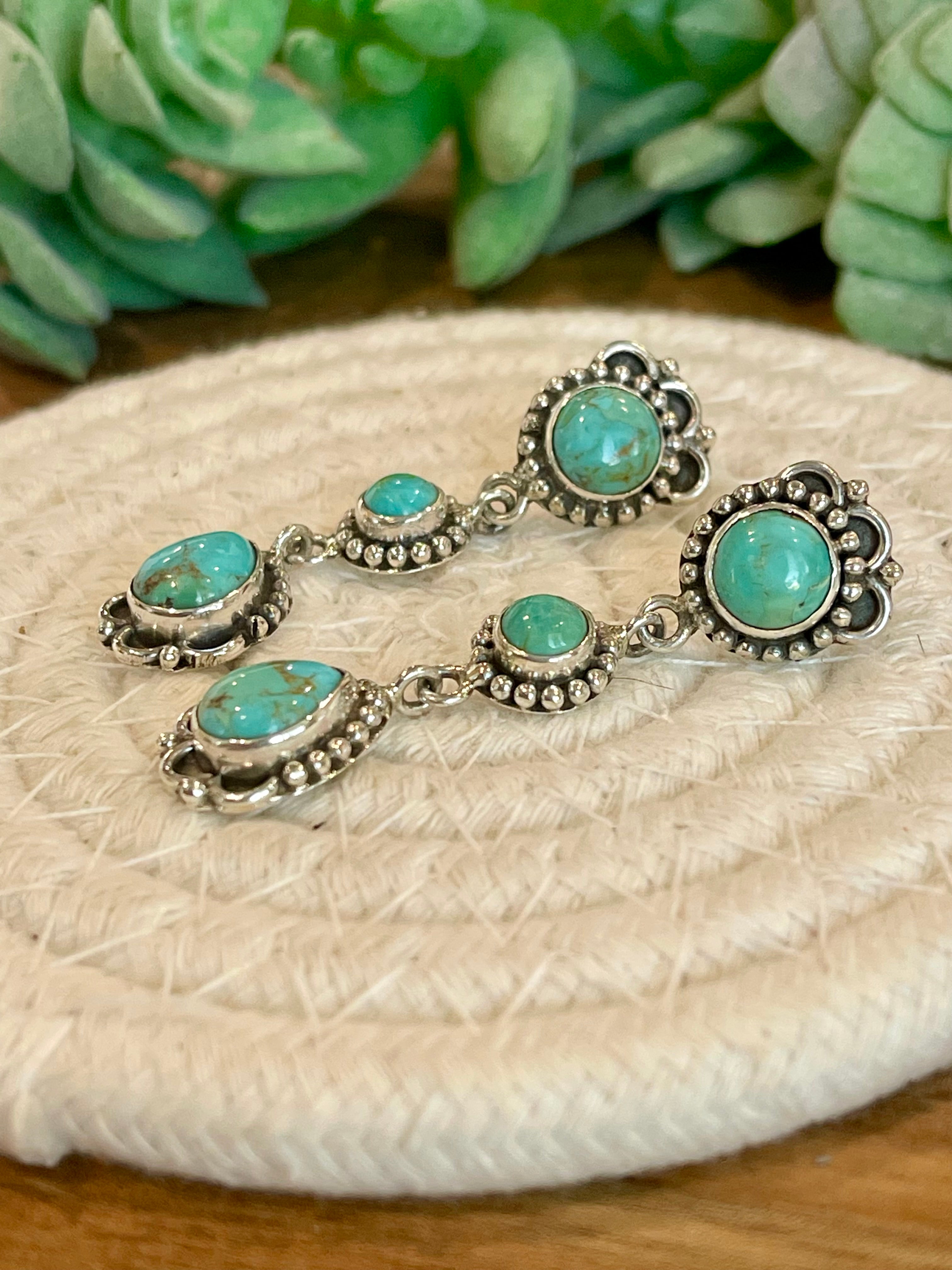 Handmade Turquoise and Sterling Silver Dangles 3 stone