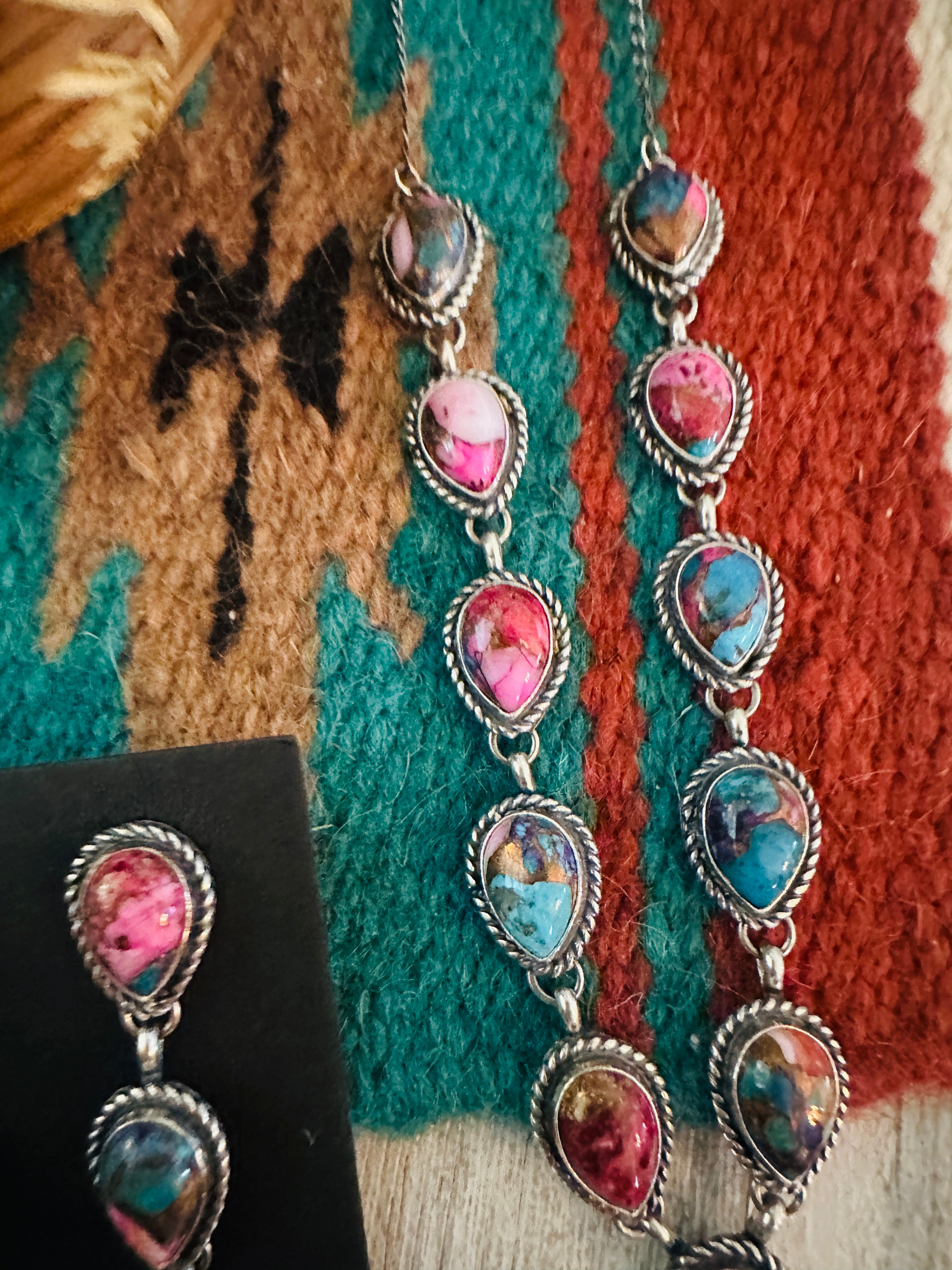 Navajo Sterling Silver & Pink Dream Mojave Lariat Necklace Set