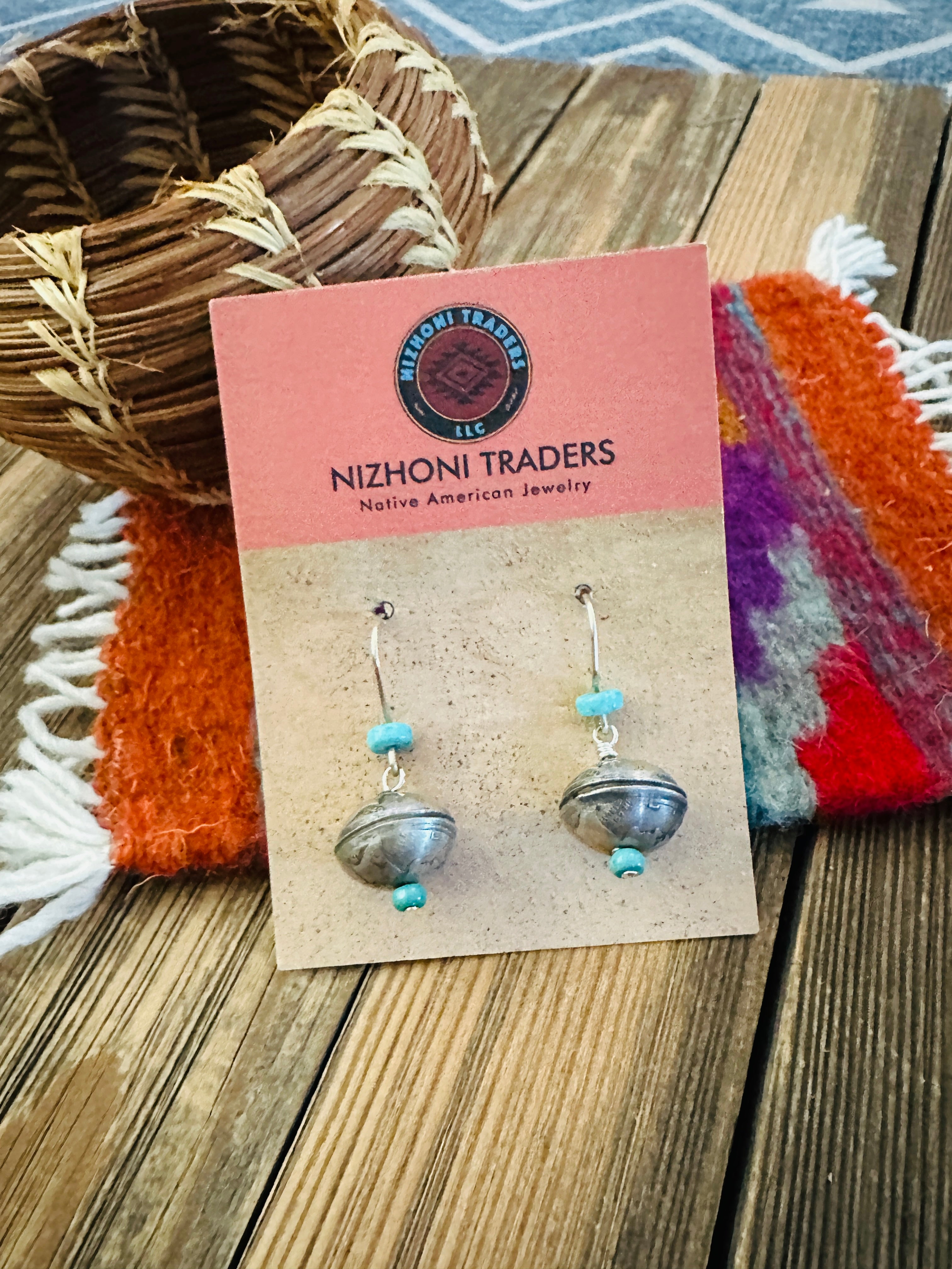 Handcrafted Turquoise & Sterling Silver Liberty Dime Bead Dangle Earrings