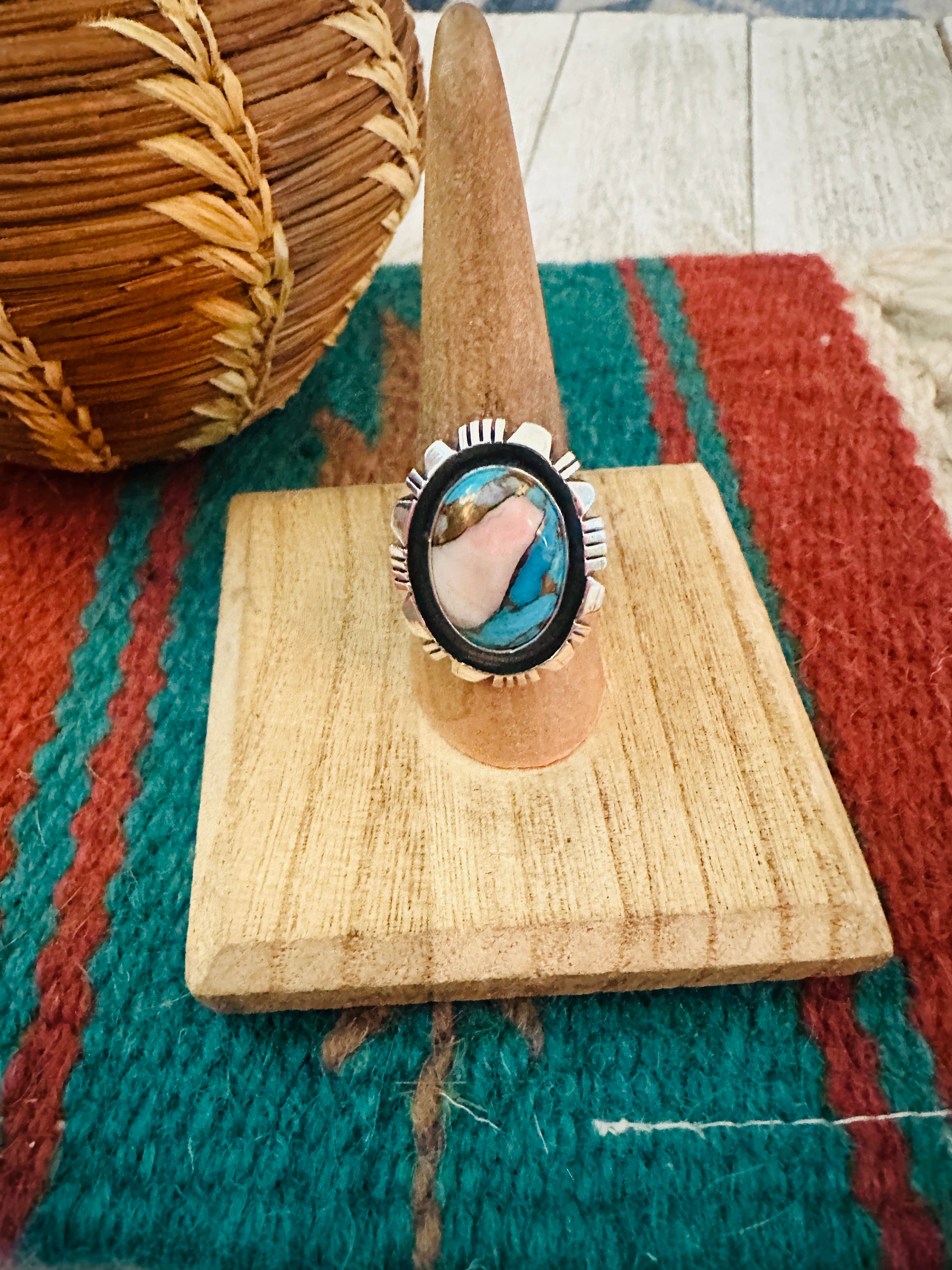 Navajo Sterling Silver & Pink Dream Mojave Adjustable Ring