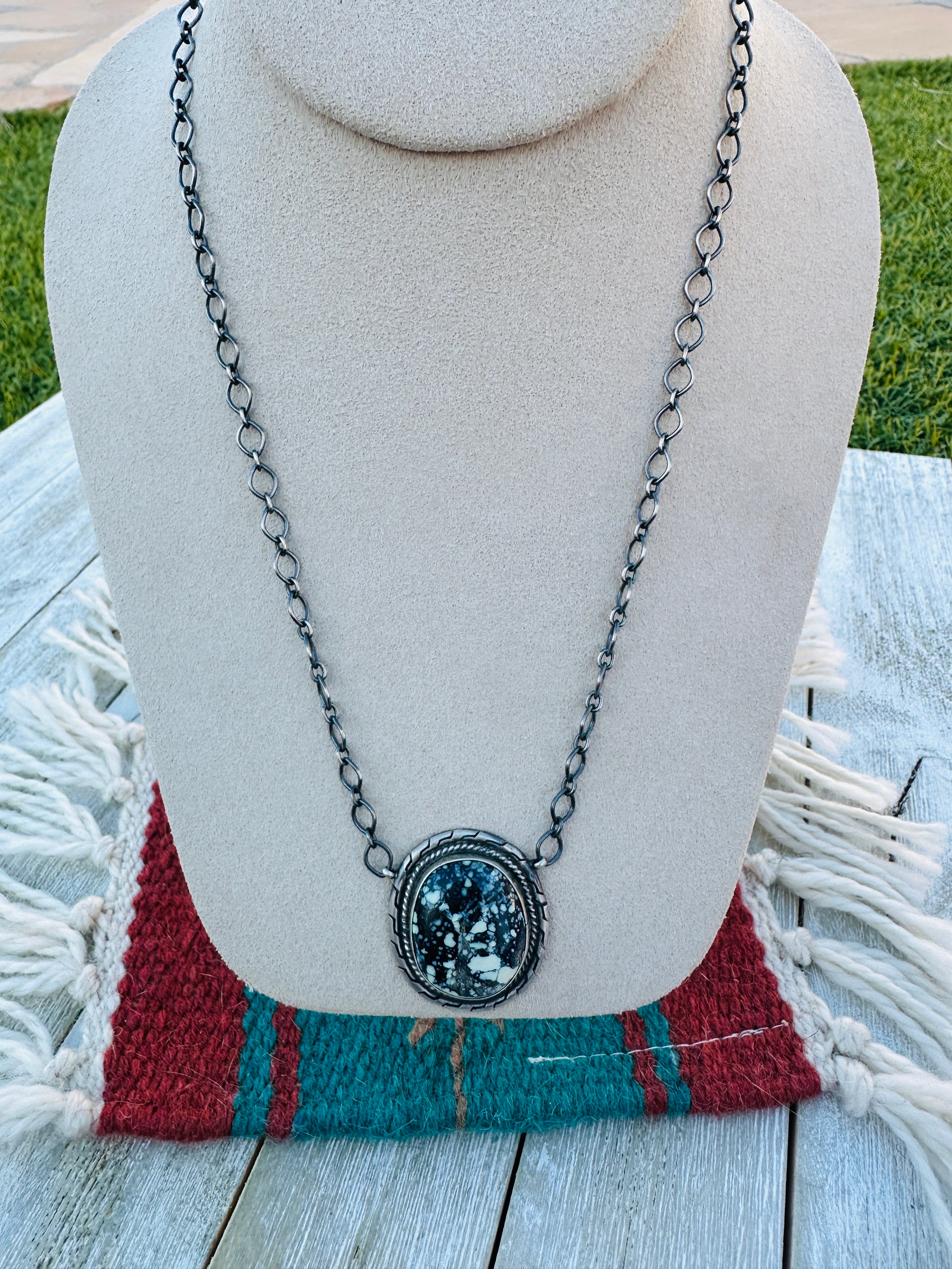 Handcrafted Sterling Silver 18” Link Chain & Tibetan Turquoise Necklace