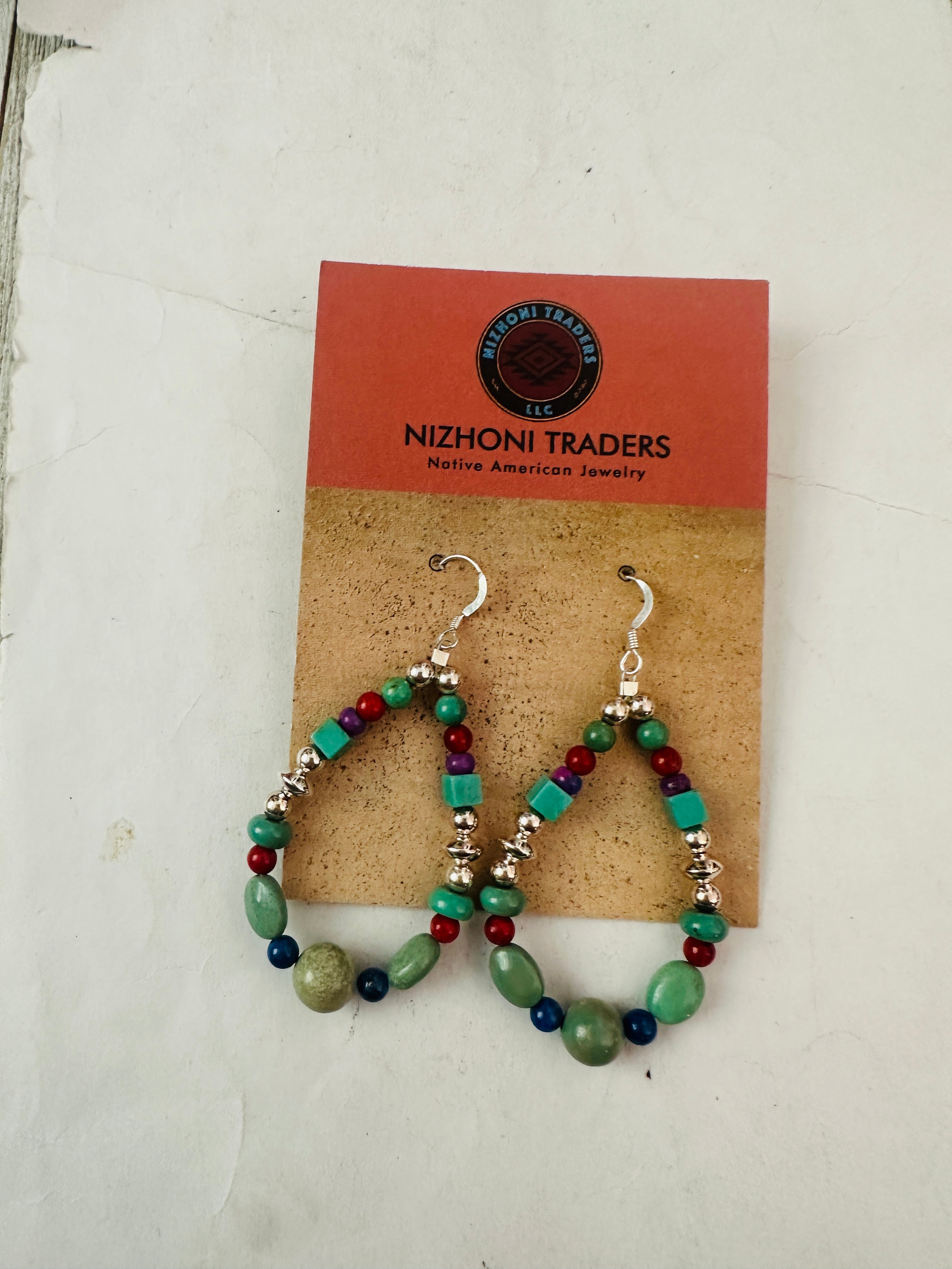 Navajo Multi Stone & Sterling Silver Dangle Hoop Earrings