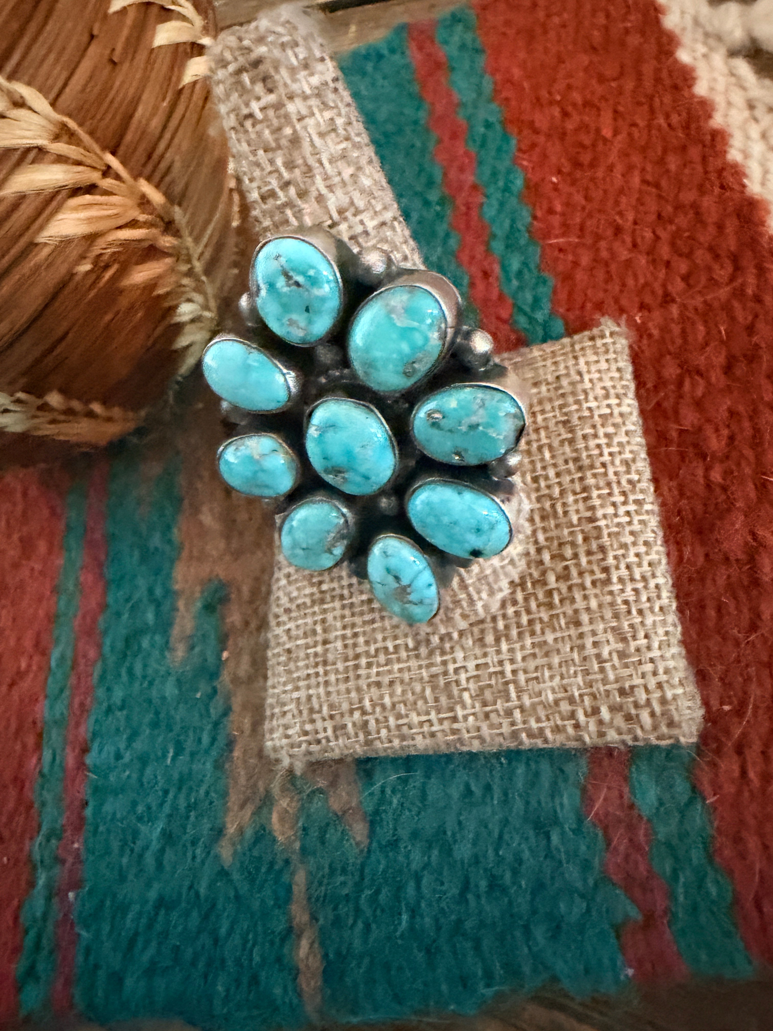 Handcrafted Turquoise & Sterling Silver Cluster Ring by Sheila Becenti Size 9.5