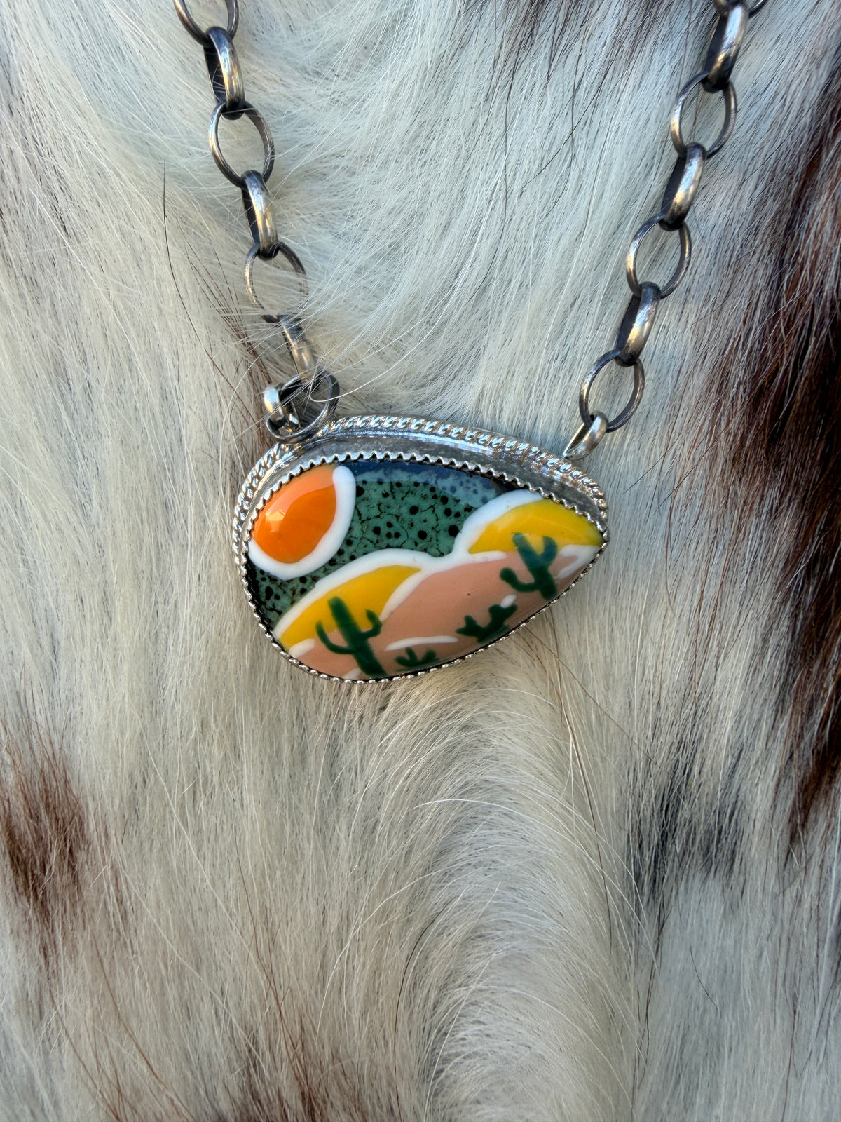 Handmade Sterling Silver & Jasper Painted Cactus Necklace