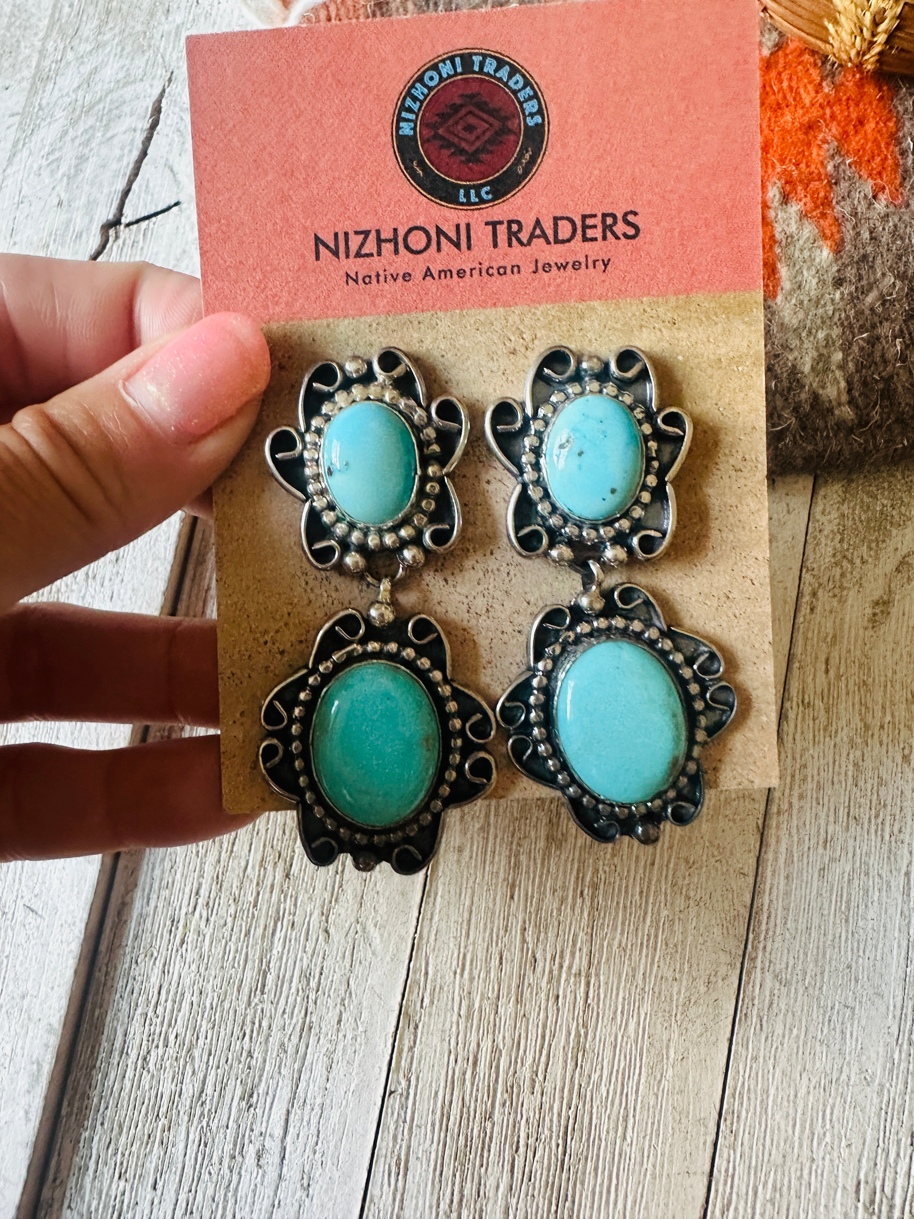 Navajo Kingman Turquoise And Sterling Silver Dangle Earrings