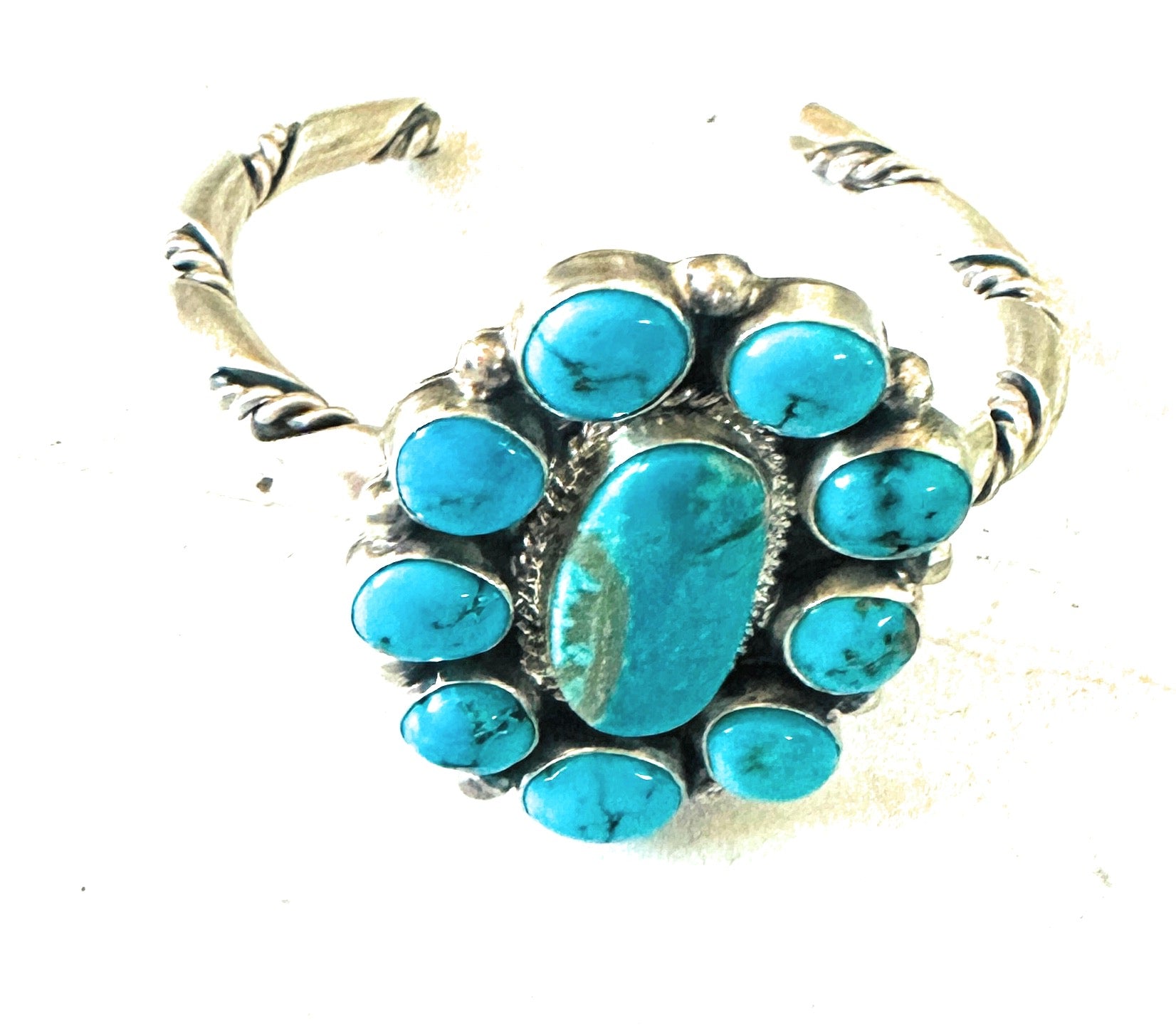 Navajo Kingman Turquoise & Sterling Silver Cluster Cuff Bracelet