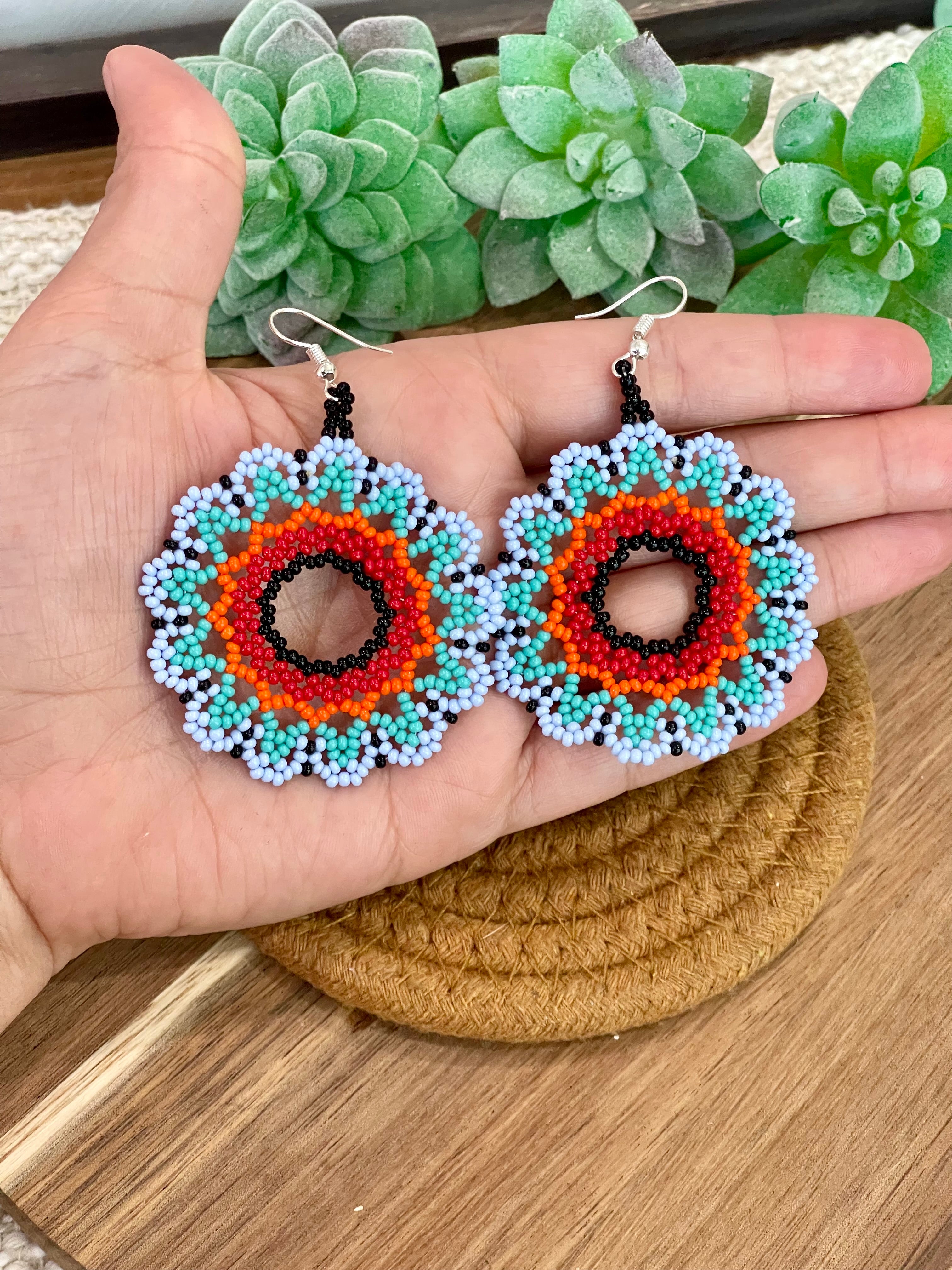 Handmade In Mexico Sterling Silver  , Multi Color Dangle Beaded Earrings