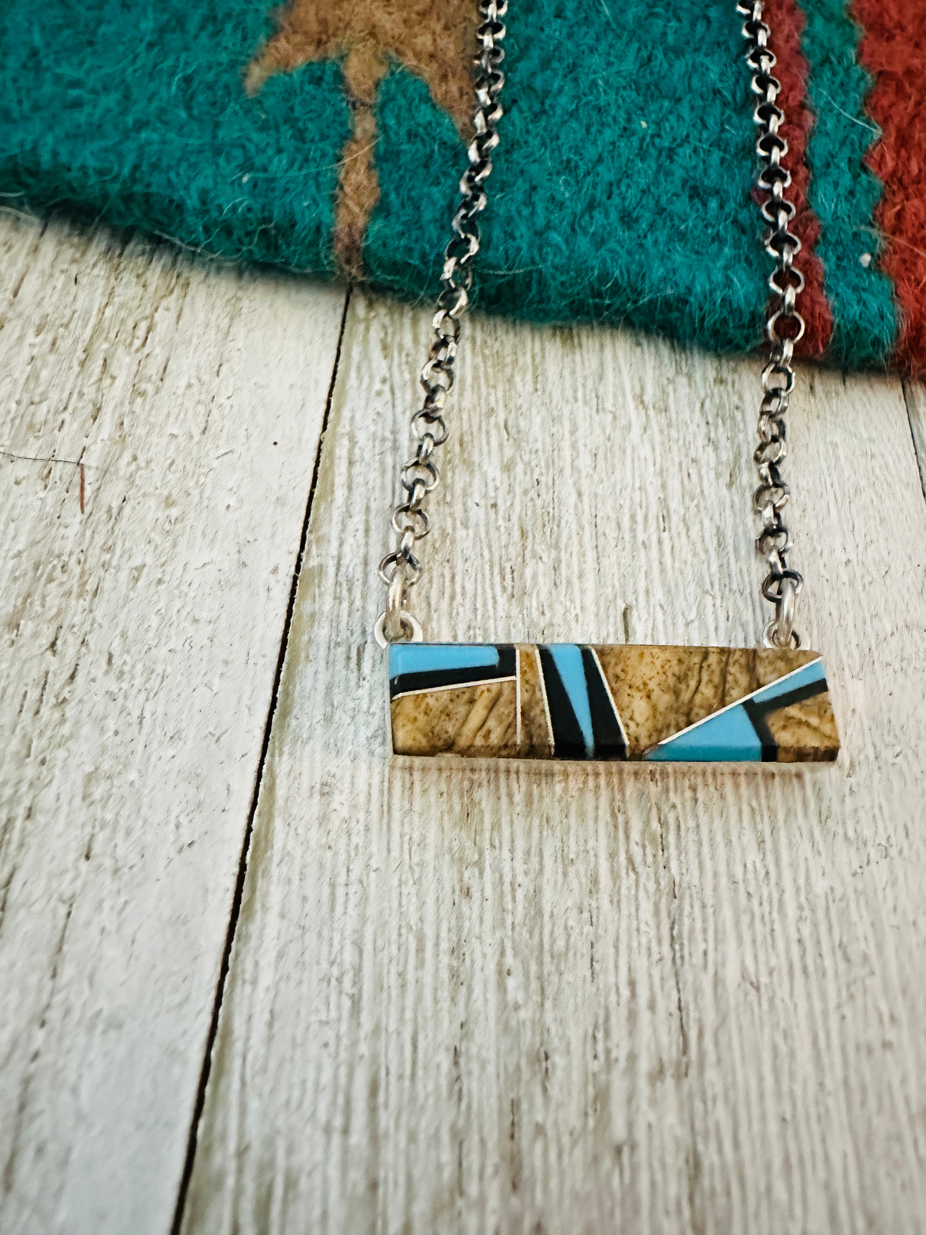 Navajo Multi Stone & Sterling Silver Inlay Bar Necklace