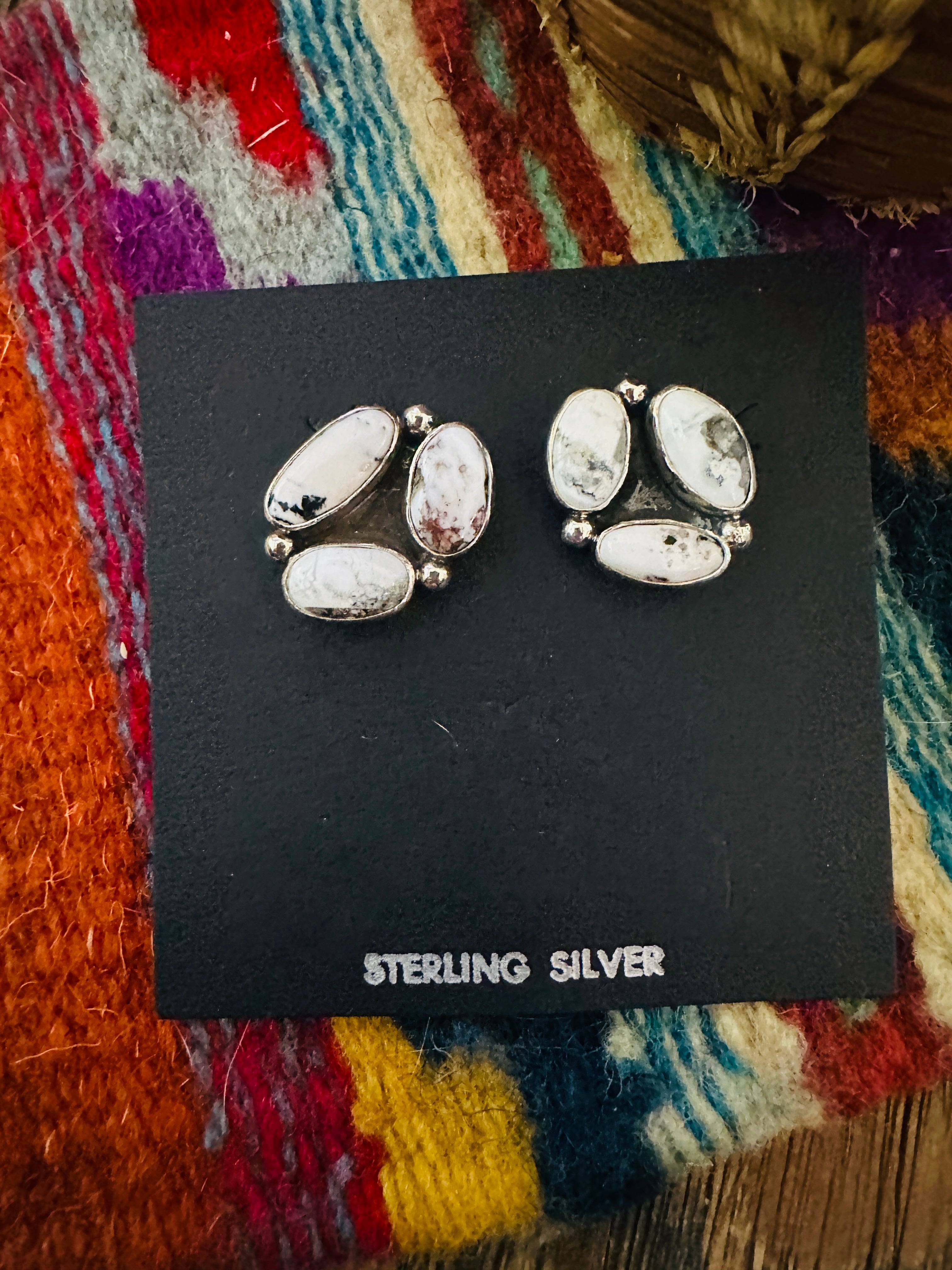 Handcrafted White Buffalo & Sterling Silver Cluster Post Earrings