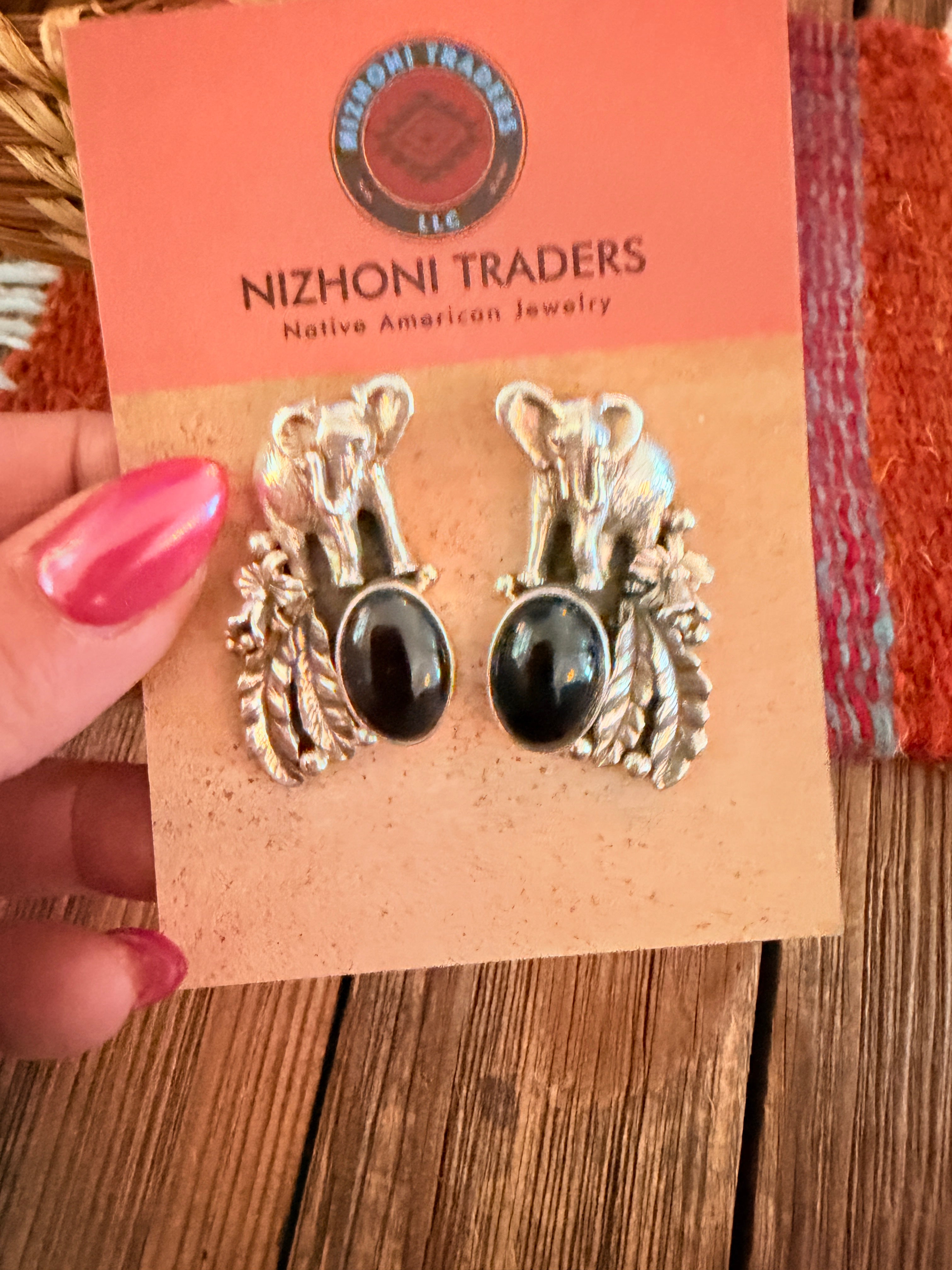 Old Pawn Vintage Handcrafted Onyx & Sterling Silver Elephant Earrings