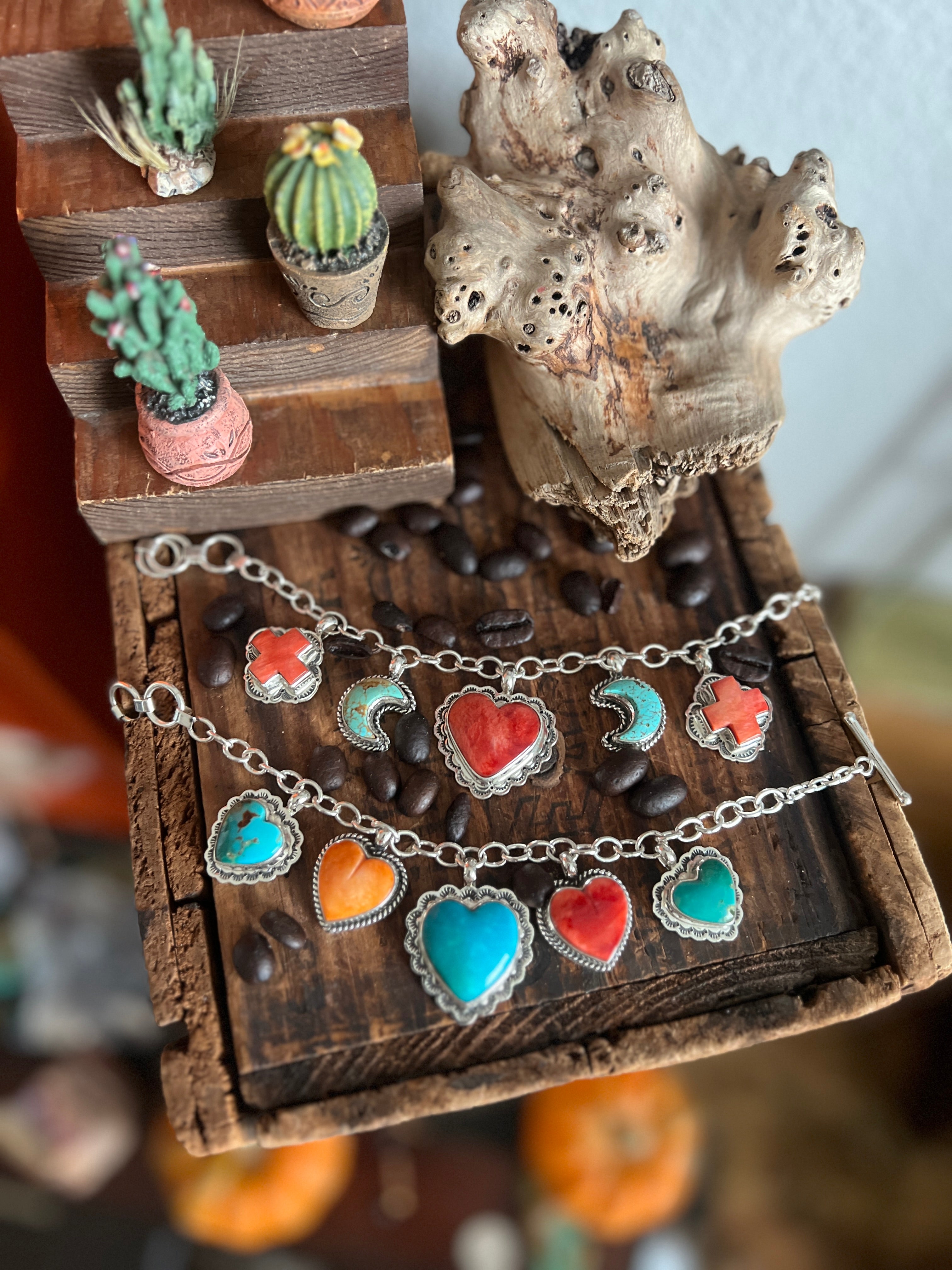 Murphy Platero Handcrafted Sterling Silver, Turquoise and Spiny Oyster Heart Charm Bracelets