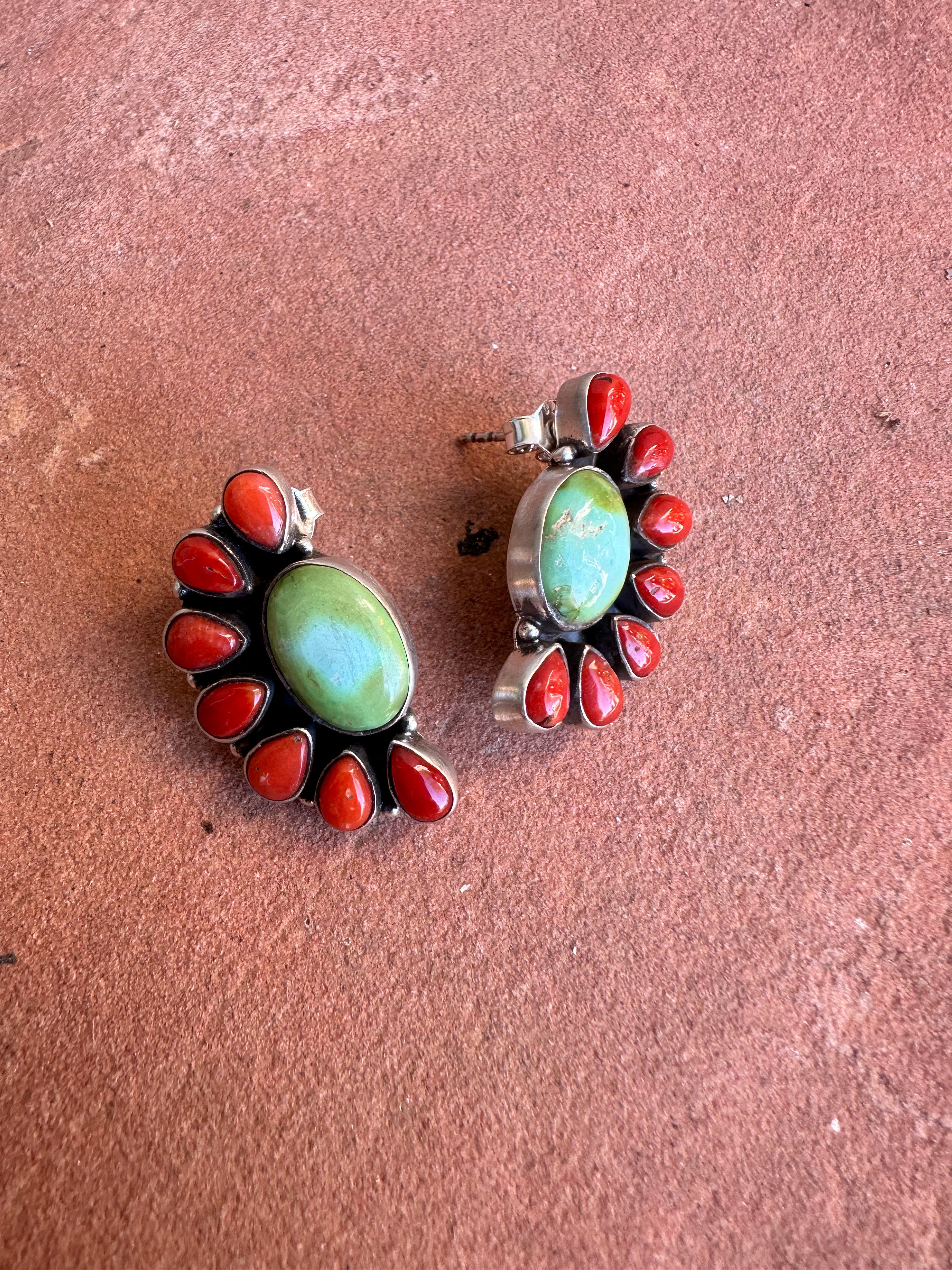 Handmade Sonoran Mountain Turquoise, Coral and Sterling Silver Crescent Post Earrings