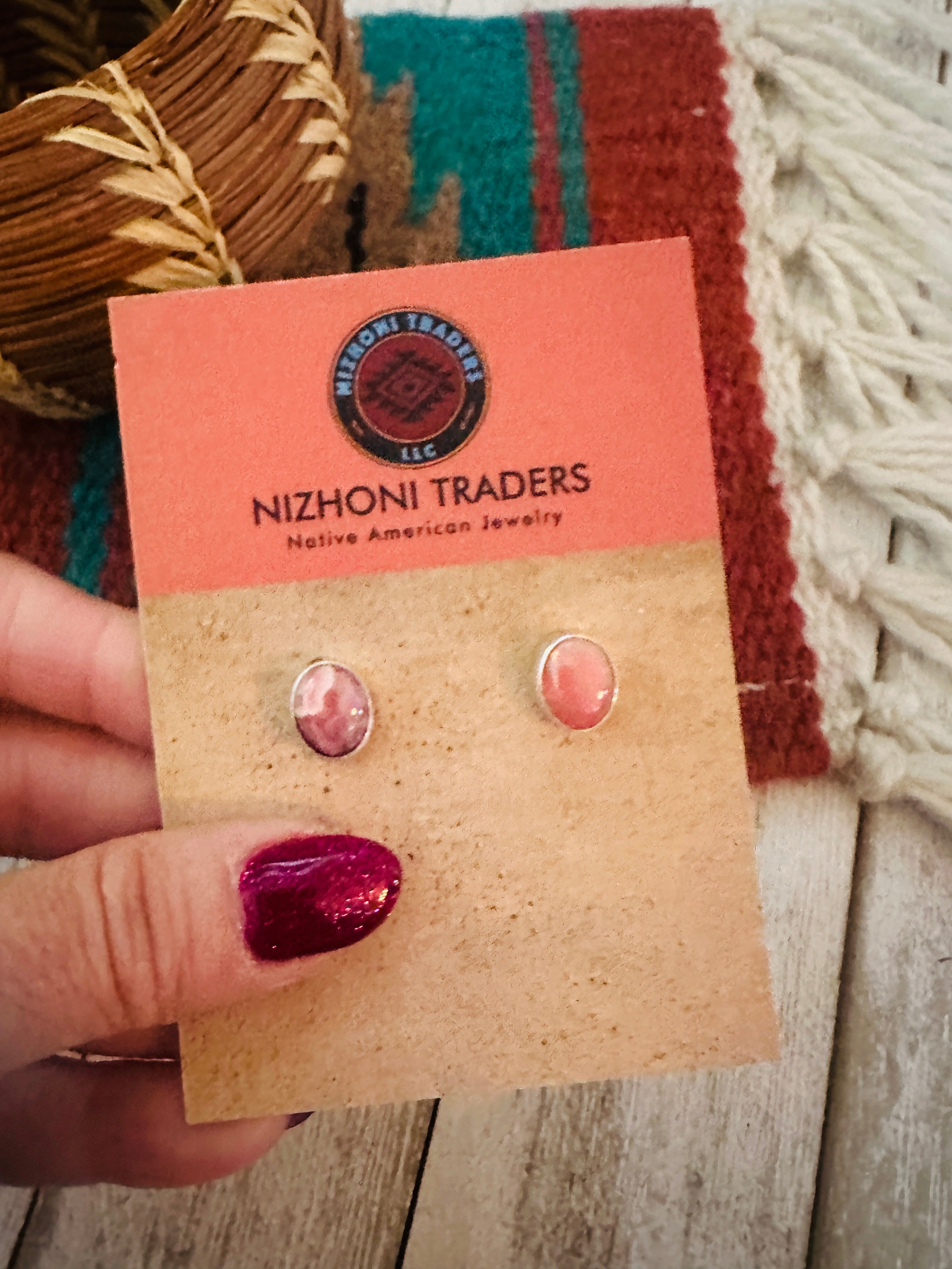 Navajo Rhodochrosite and Sterling Silver Stud Earrings