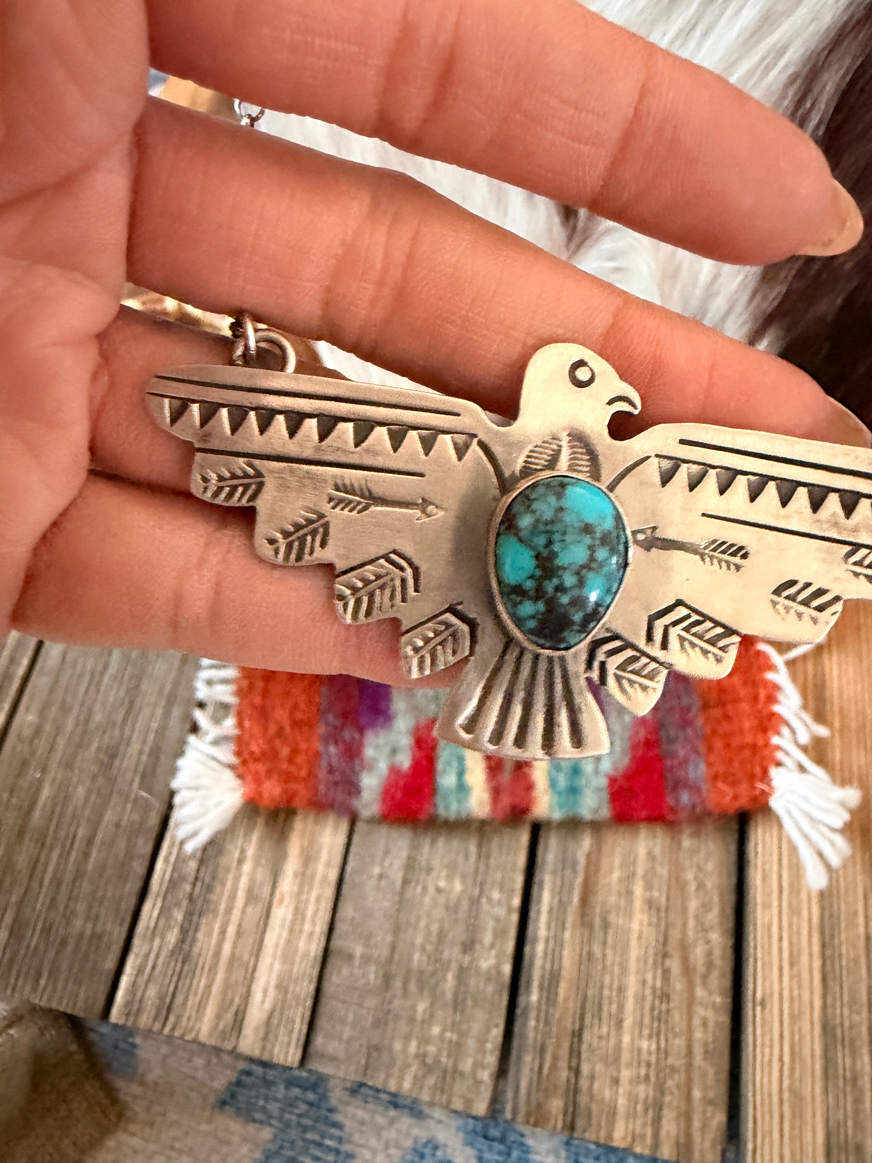 Handcrafted Turquoise & Sterling Silver Thunderbird Necklace by Russell Sam