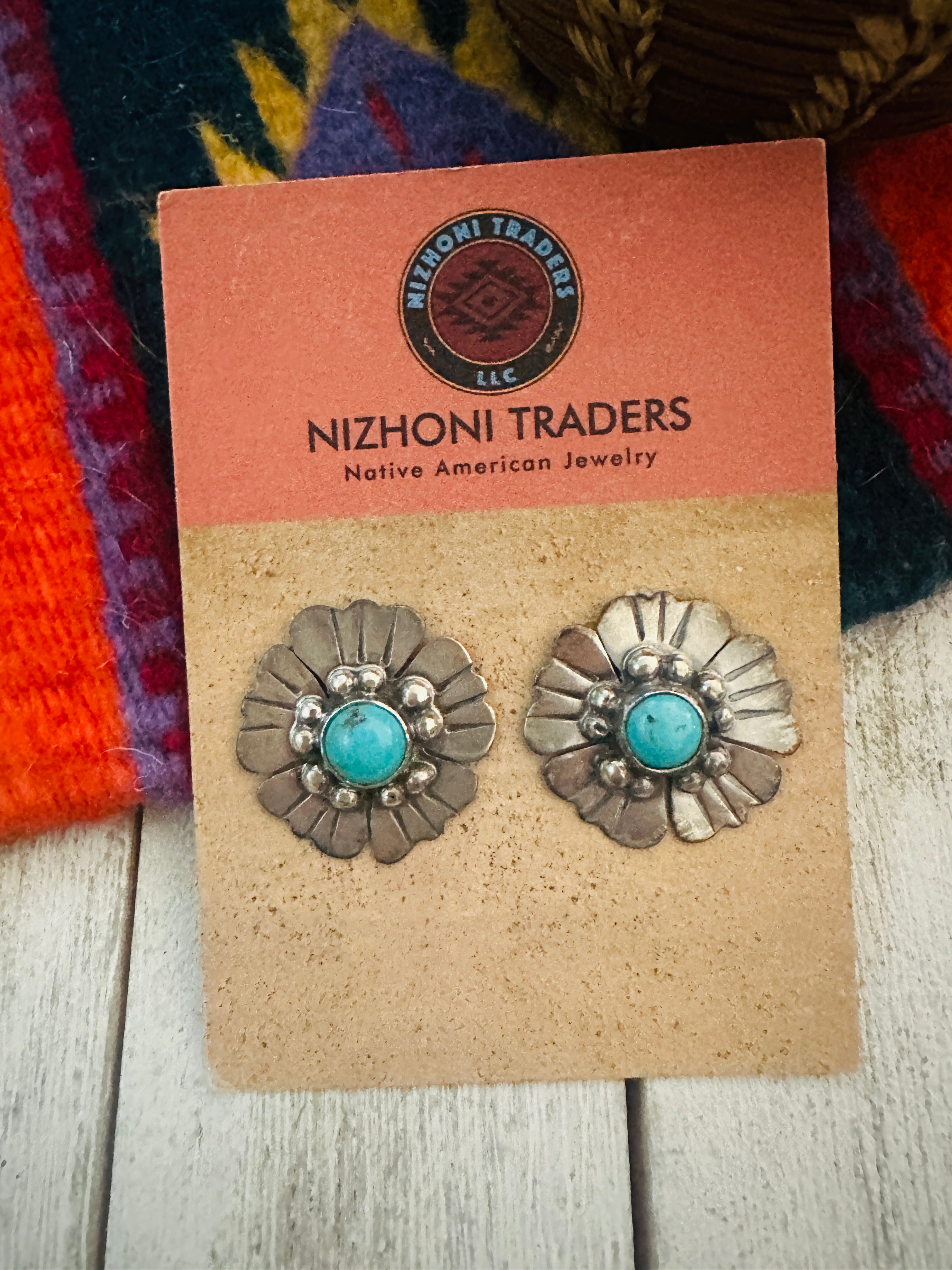 Navajo Turquoise and Sterling Silver Flower Post Earrings