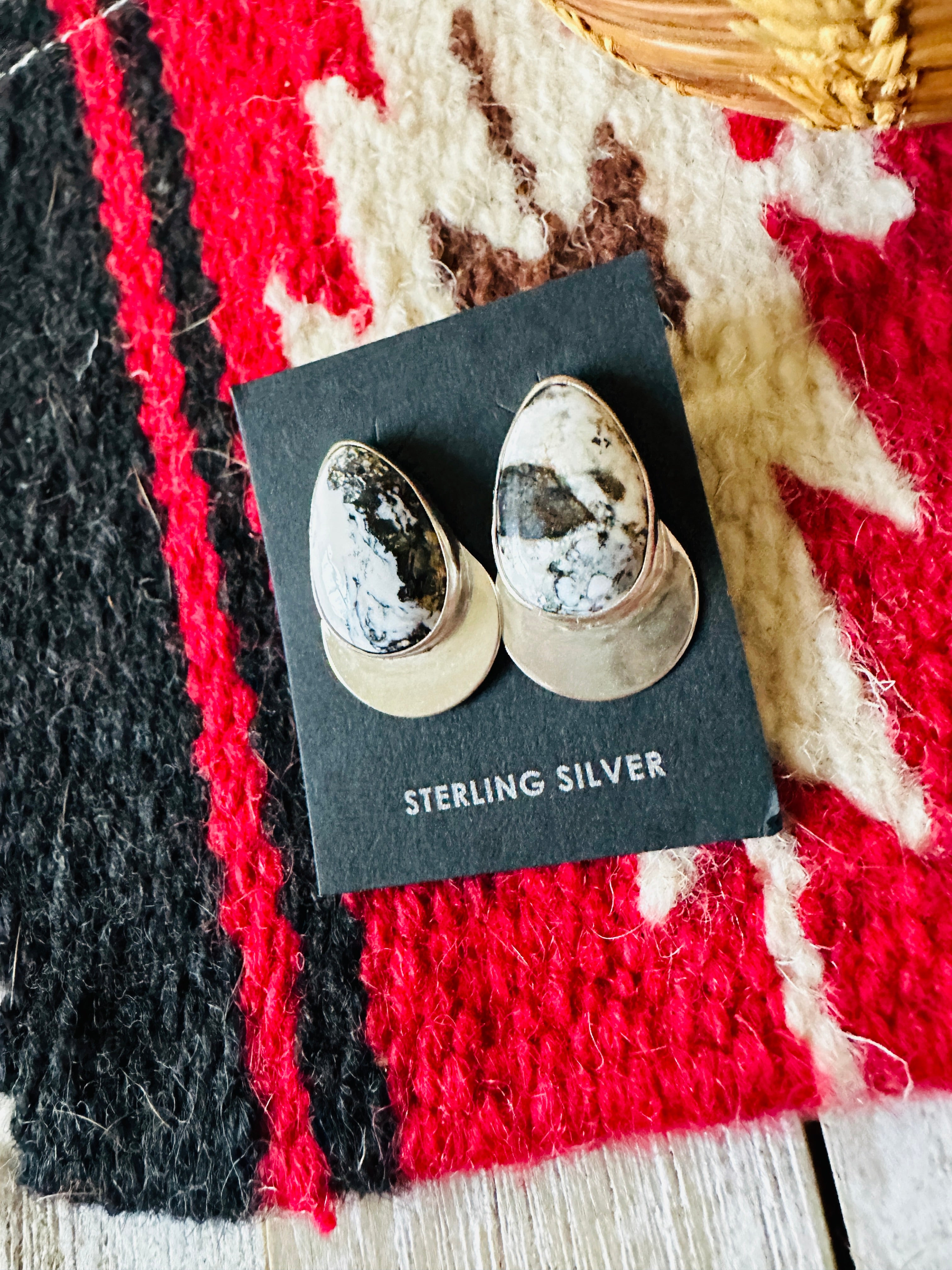 Navajo White Buffalo & Sterling Silver Post Earrings