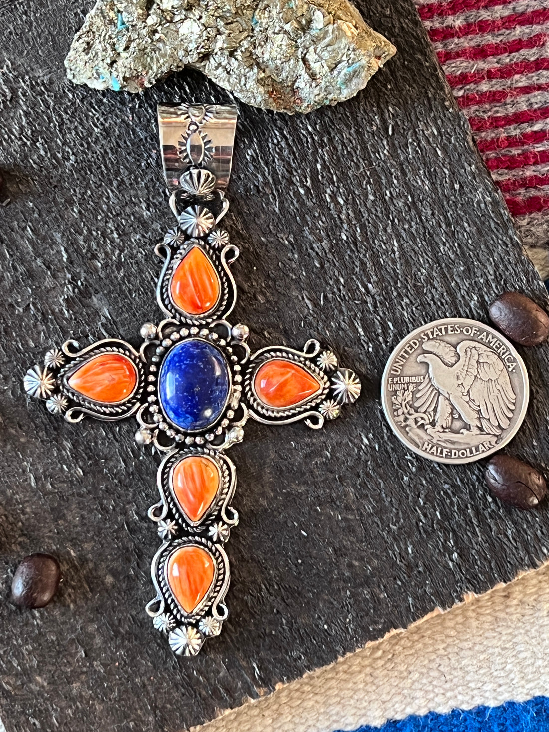 Rosella Paxson Sterling Silver, Lapis & Spiny Oyster Cross Pendant