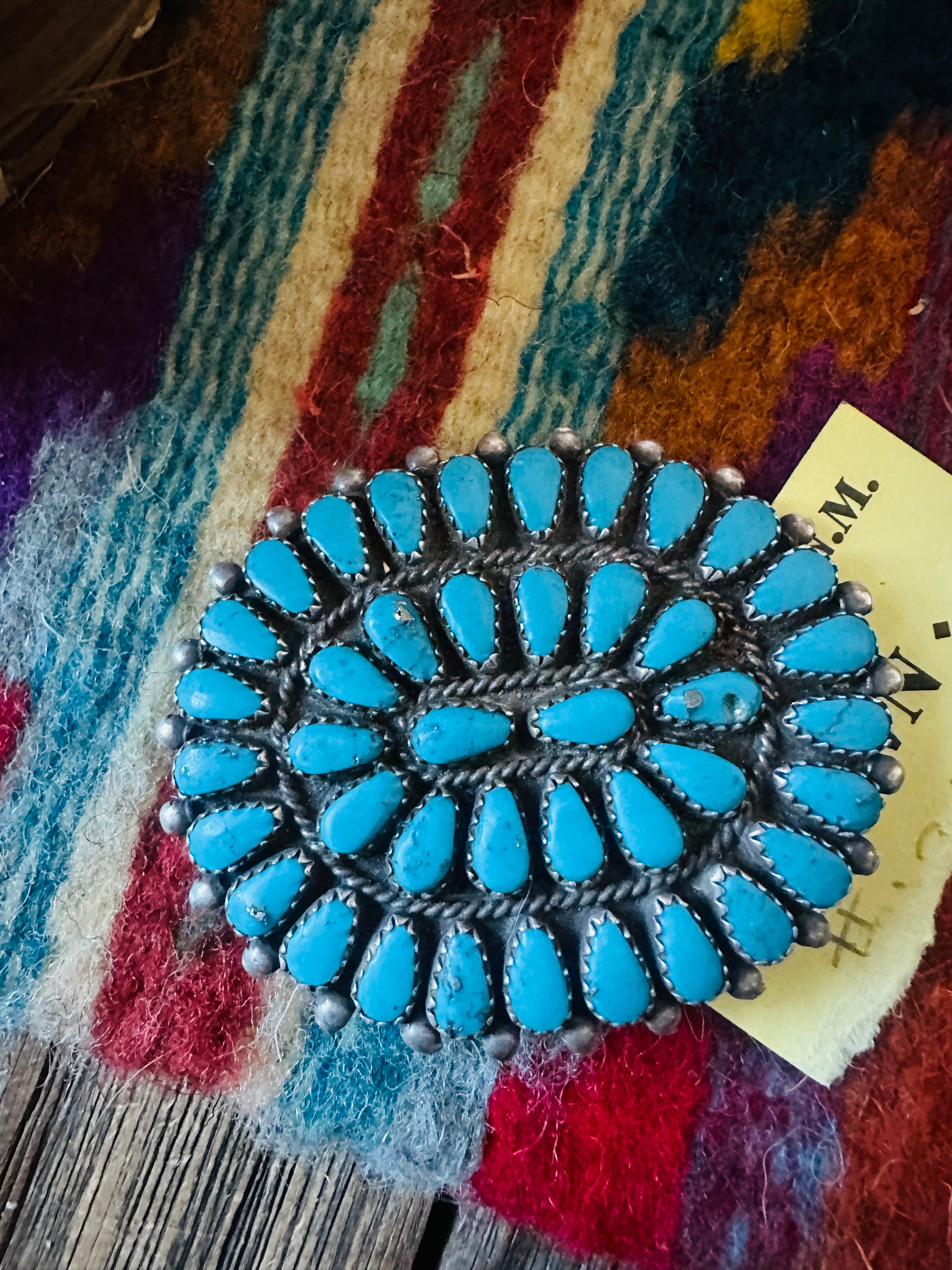 Old Pawn Handcrafted Turquoise and Sterling Silver Cluster Brooch/ Pendant