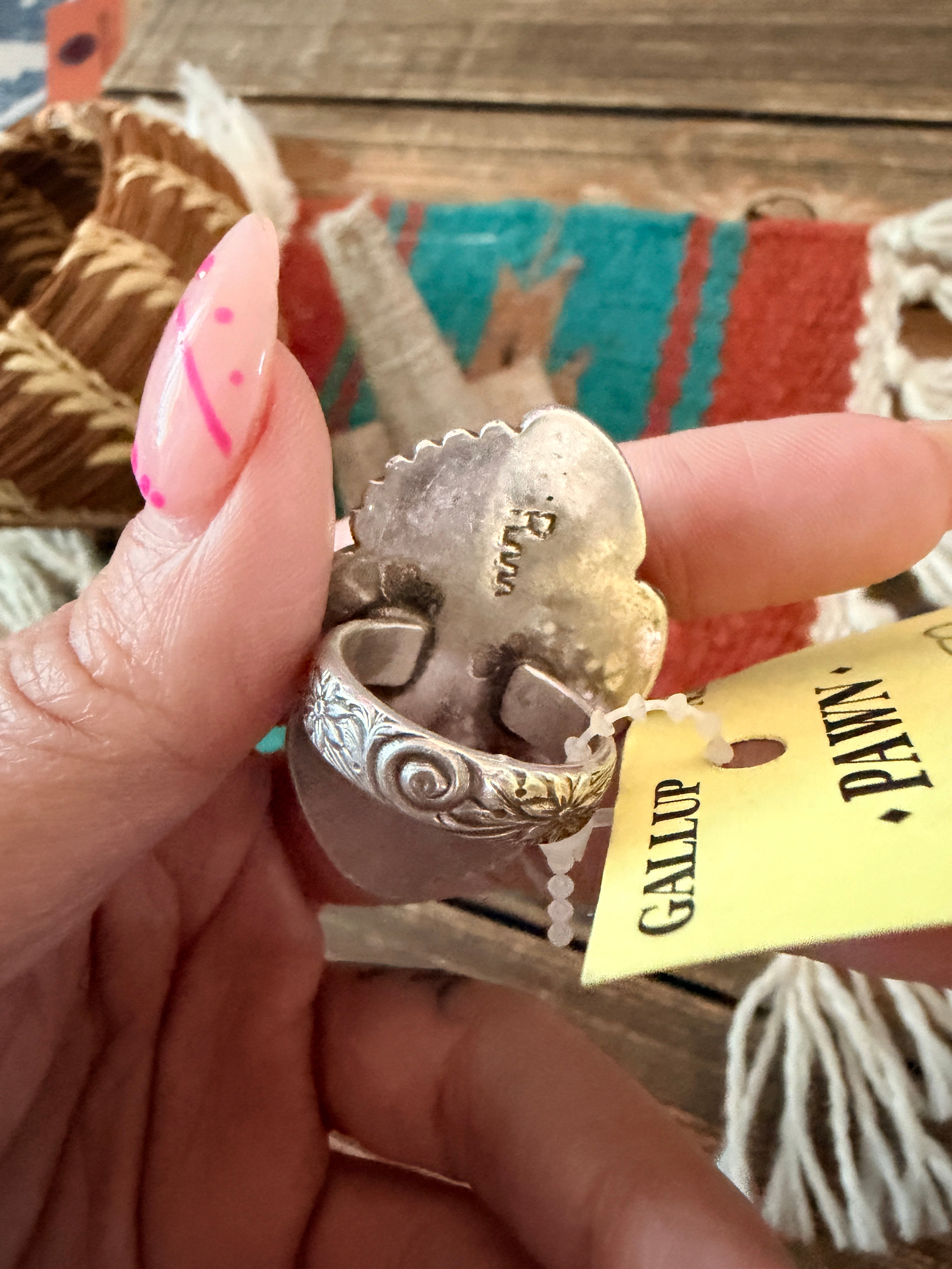 Old Pawn Handcrafted White Buffalo & Sterling Silver Ring Size 6.75