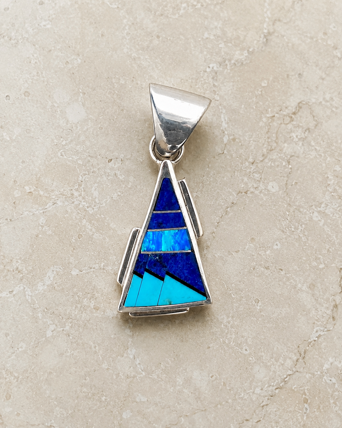 Handcrafted Lapis Turquoise Blue Opal Triangle Pendant 1.5”