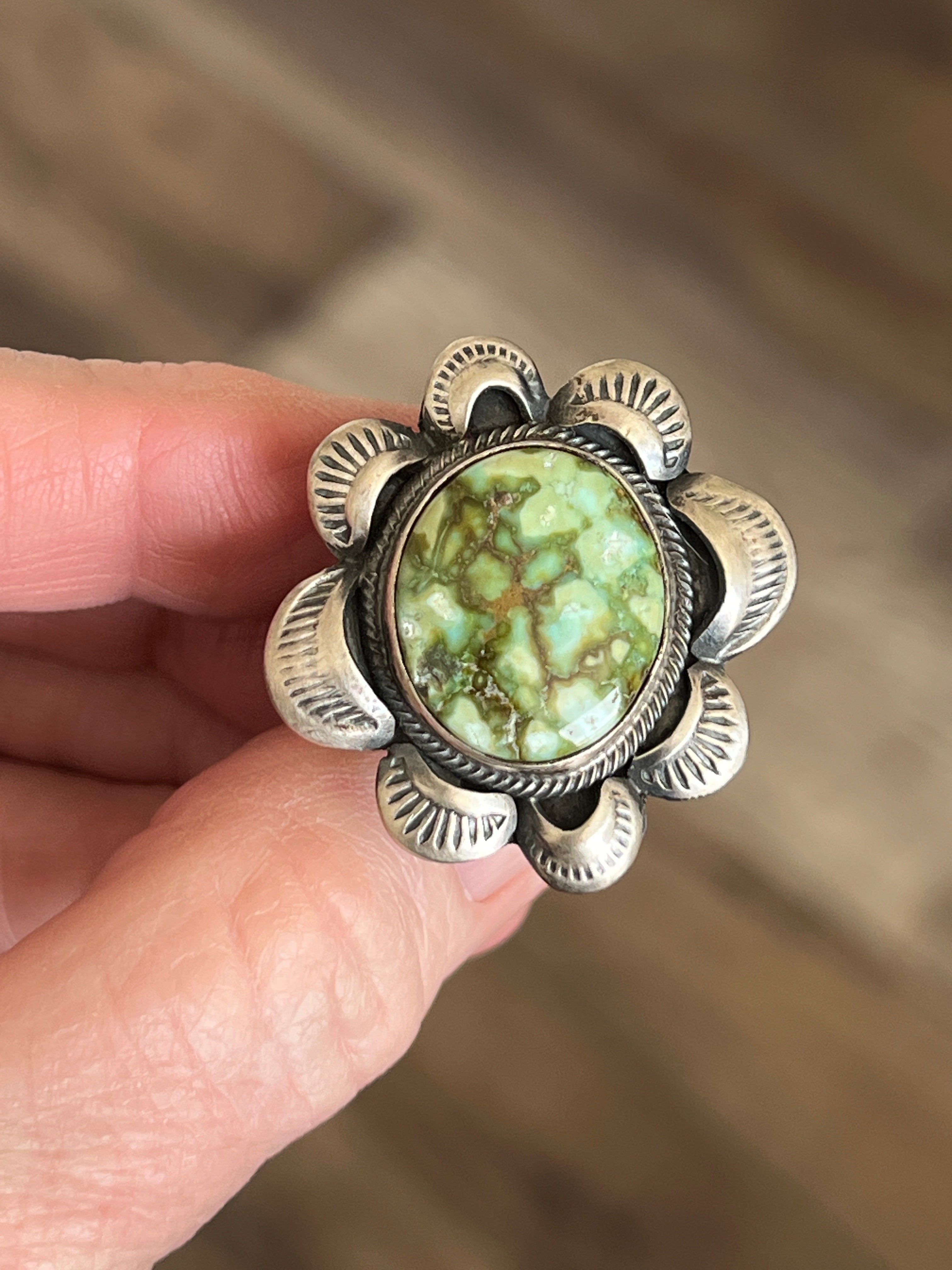 Handcrafted Sterling Silver and Natural Pilot Mountain Turquoise Single Stone Ring by Gilbert Tom, Size 8