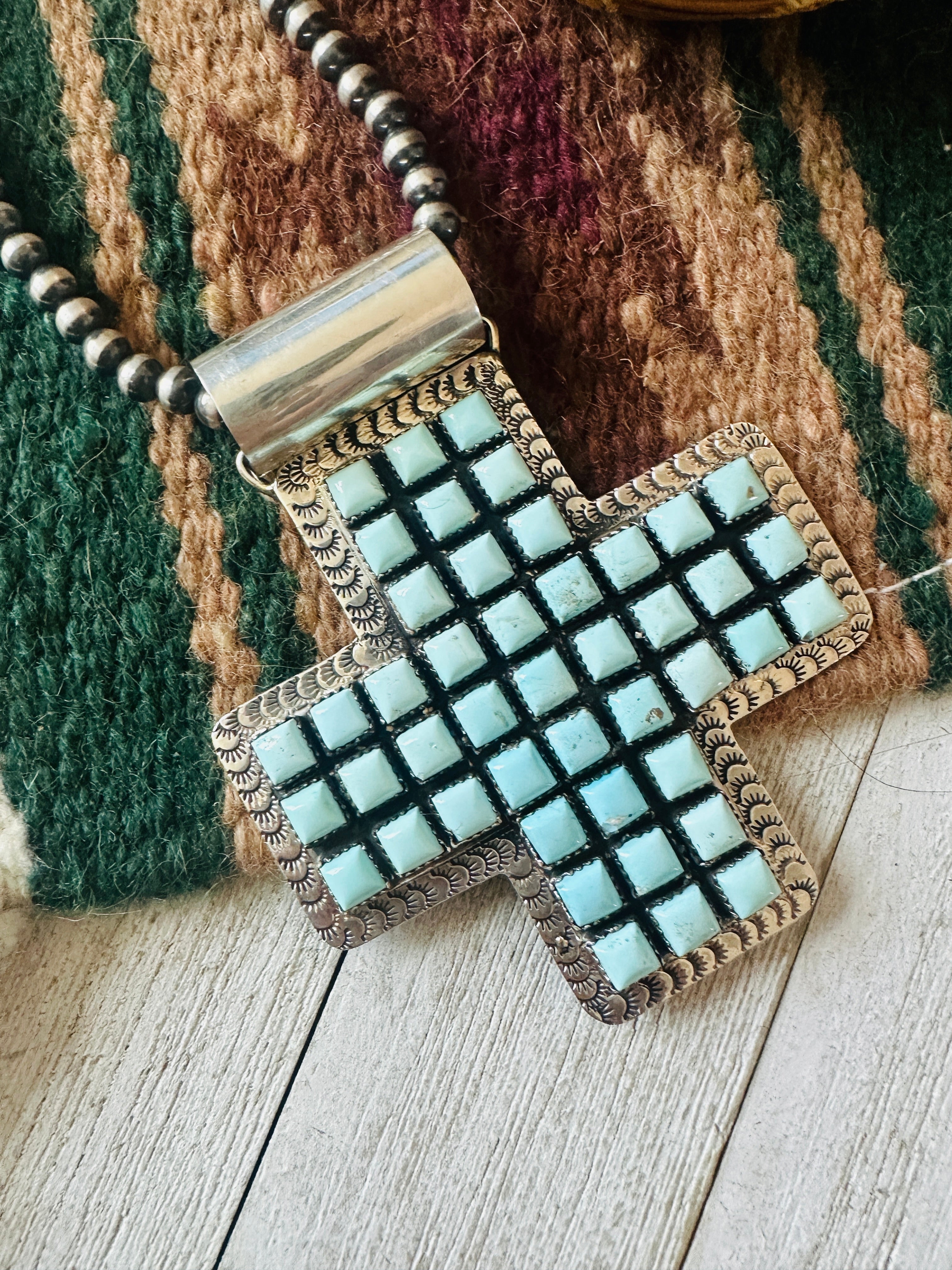 Navajo Sterling Silver & Dry Creek Turquoise Cross Pendant by Marcella James