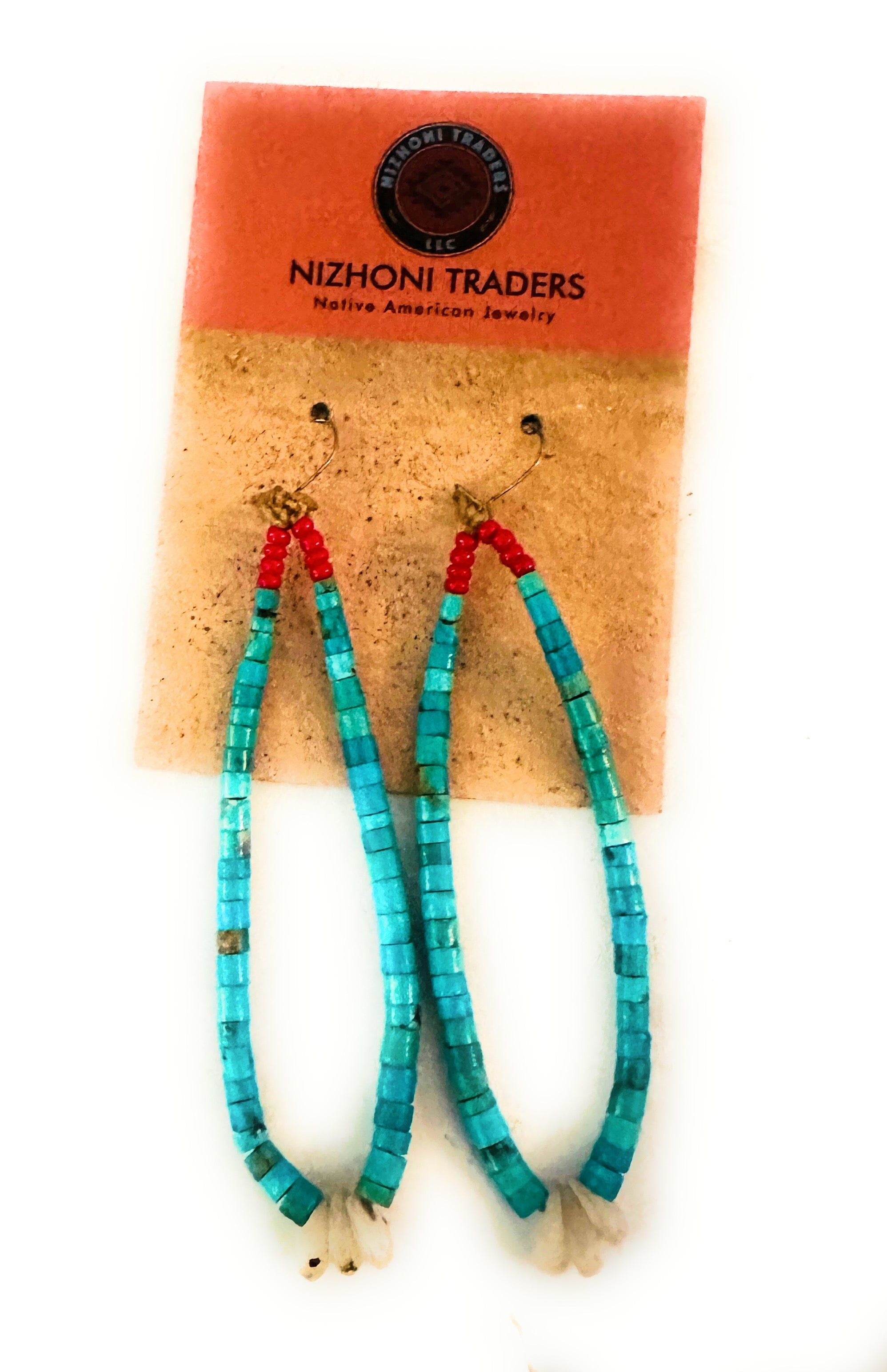 Vintage Old Pawn Handcrafted Turquoise & Coral Beaded Dangle Earrings