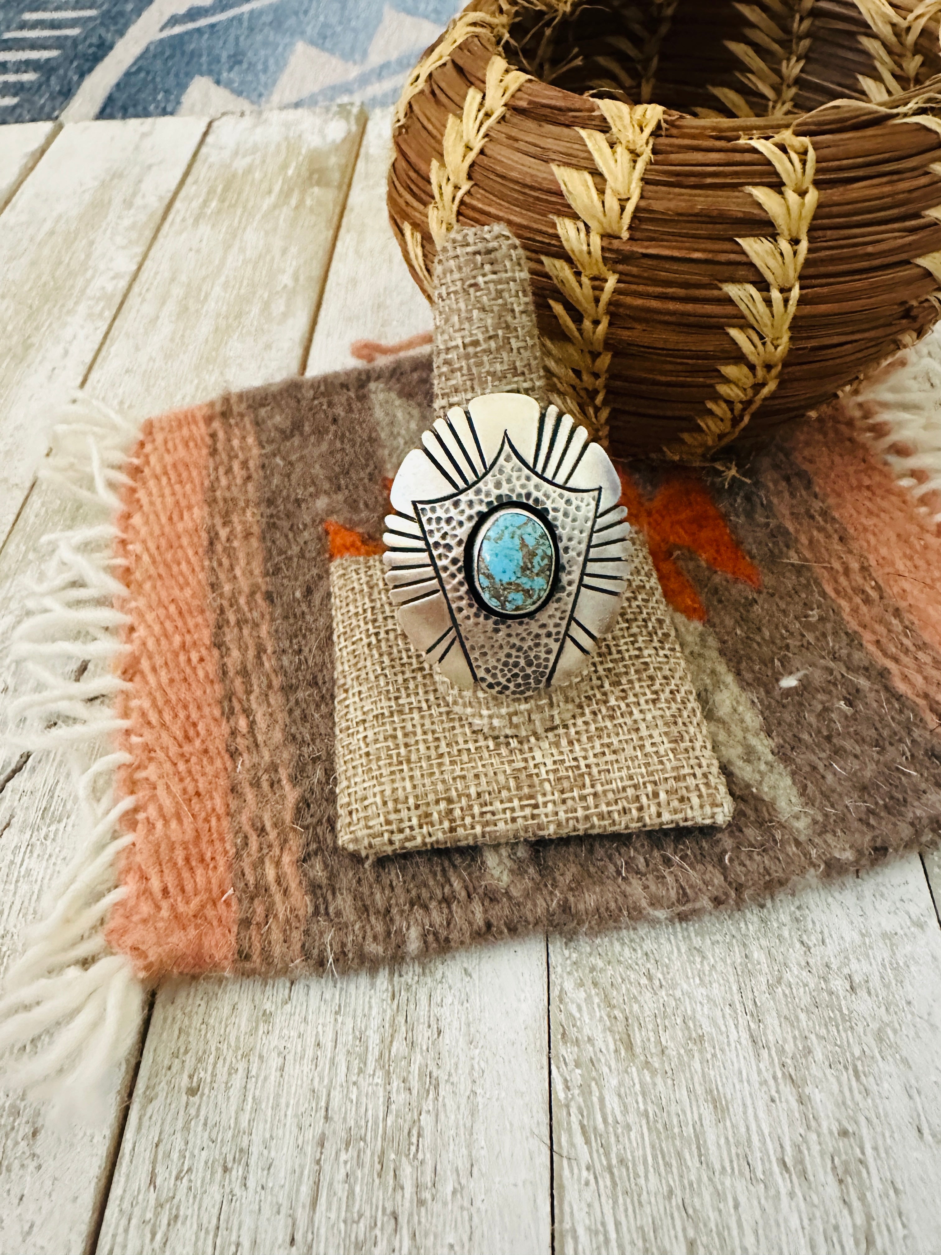 Handcrafted Hand Stamped Sterling Silver & Turquoise Ring Size 9