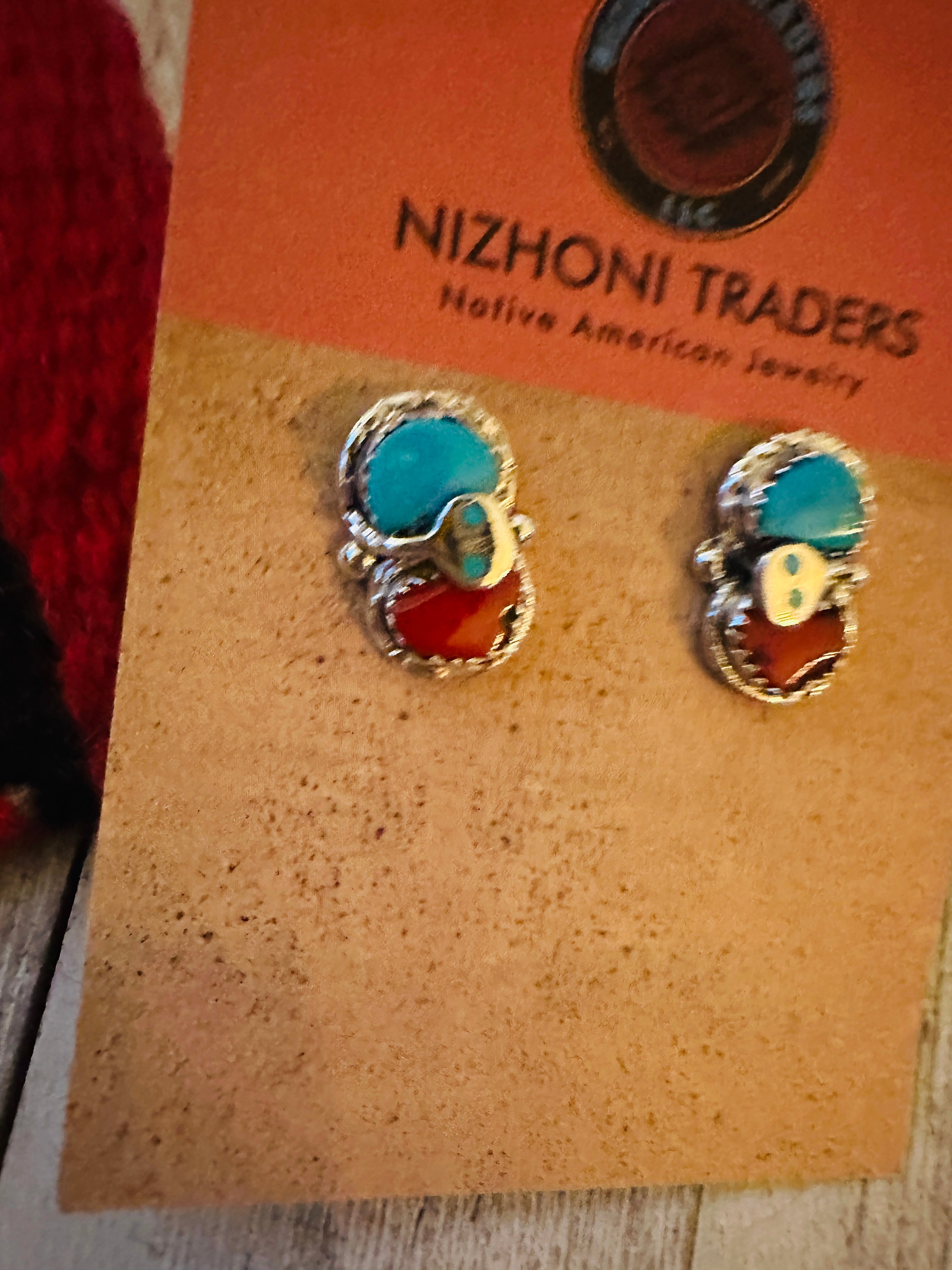 Zuni Sterling Silver, Turquoise & Coral Post Earrings by Effie Calavaza