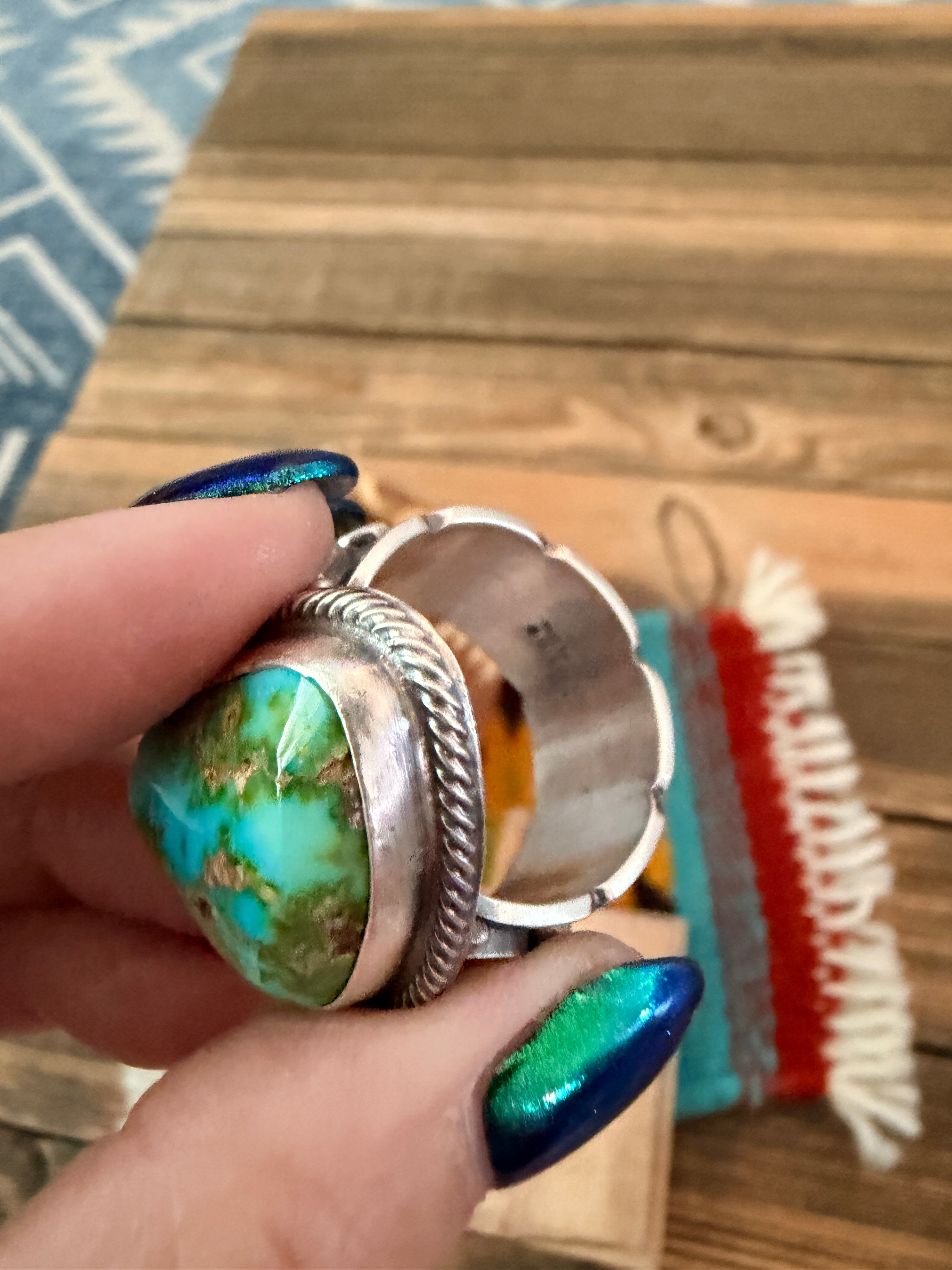Handcrafted Sonoran Mountain Turquoise & Sterling Silver Ring Size 11.5 by Sheila Tso