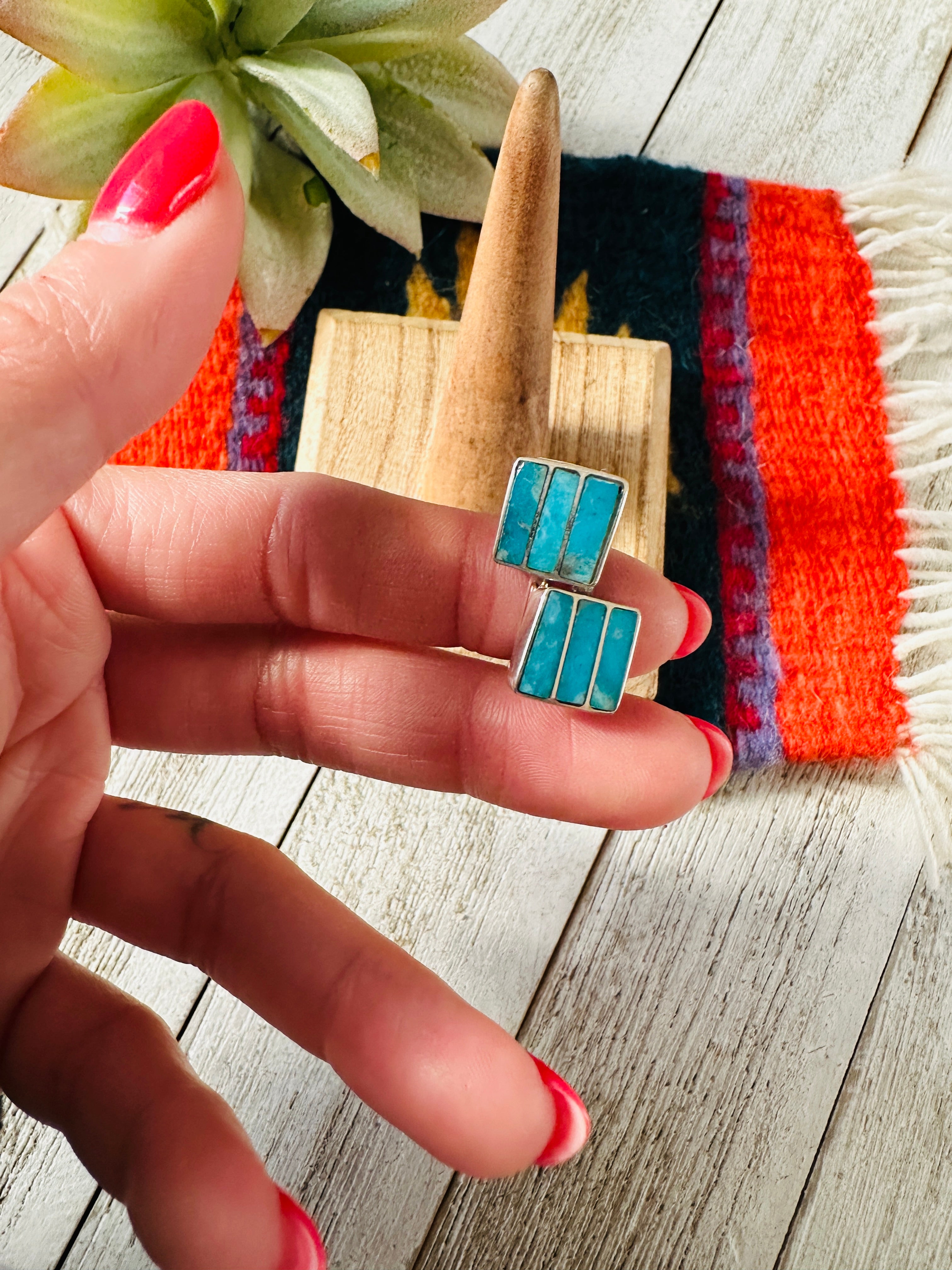 Zuni Turquoise & Sterling Silver Inlay Square Adjustable Ring