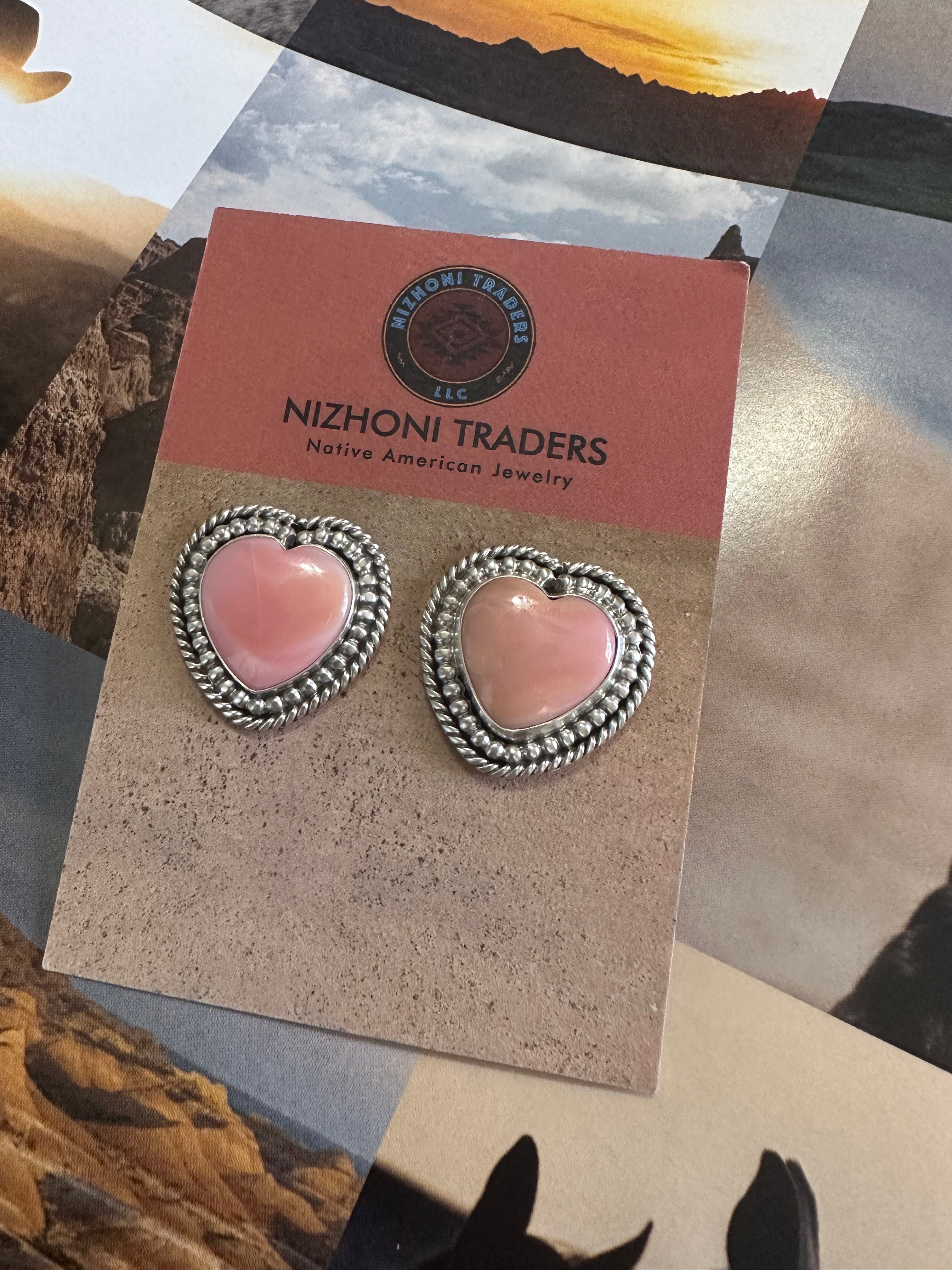 Navajo Sterling Silver Pink Conch Heart Stud Earrings