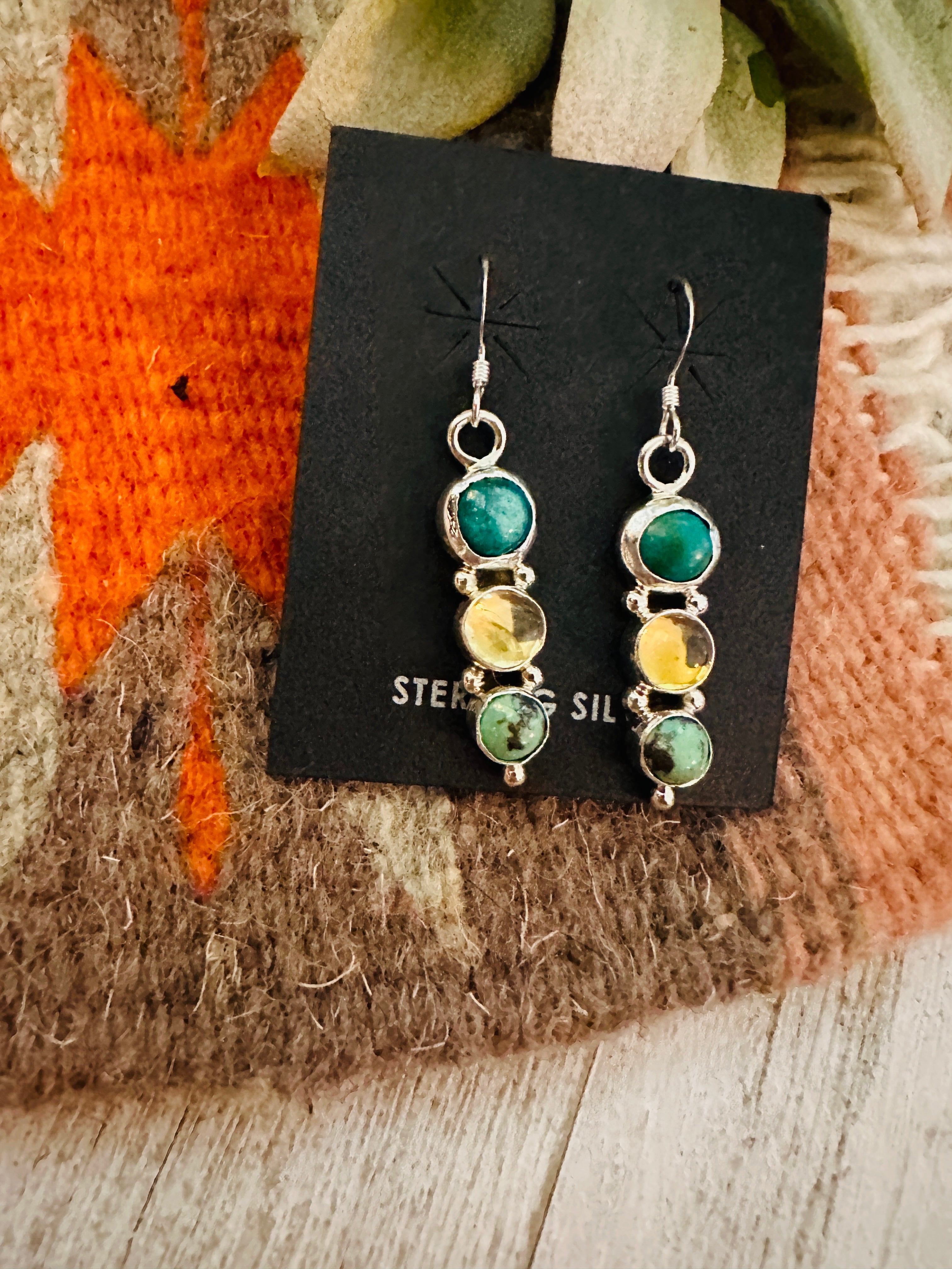 Navajo Turquoise, Quartz & Sterling Silver Dangle Earrings