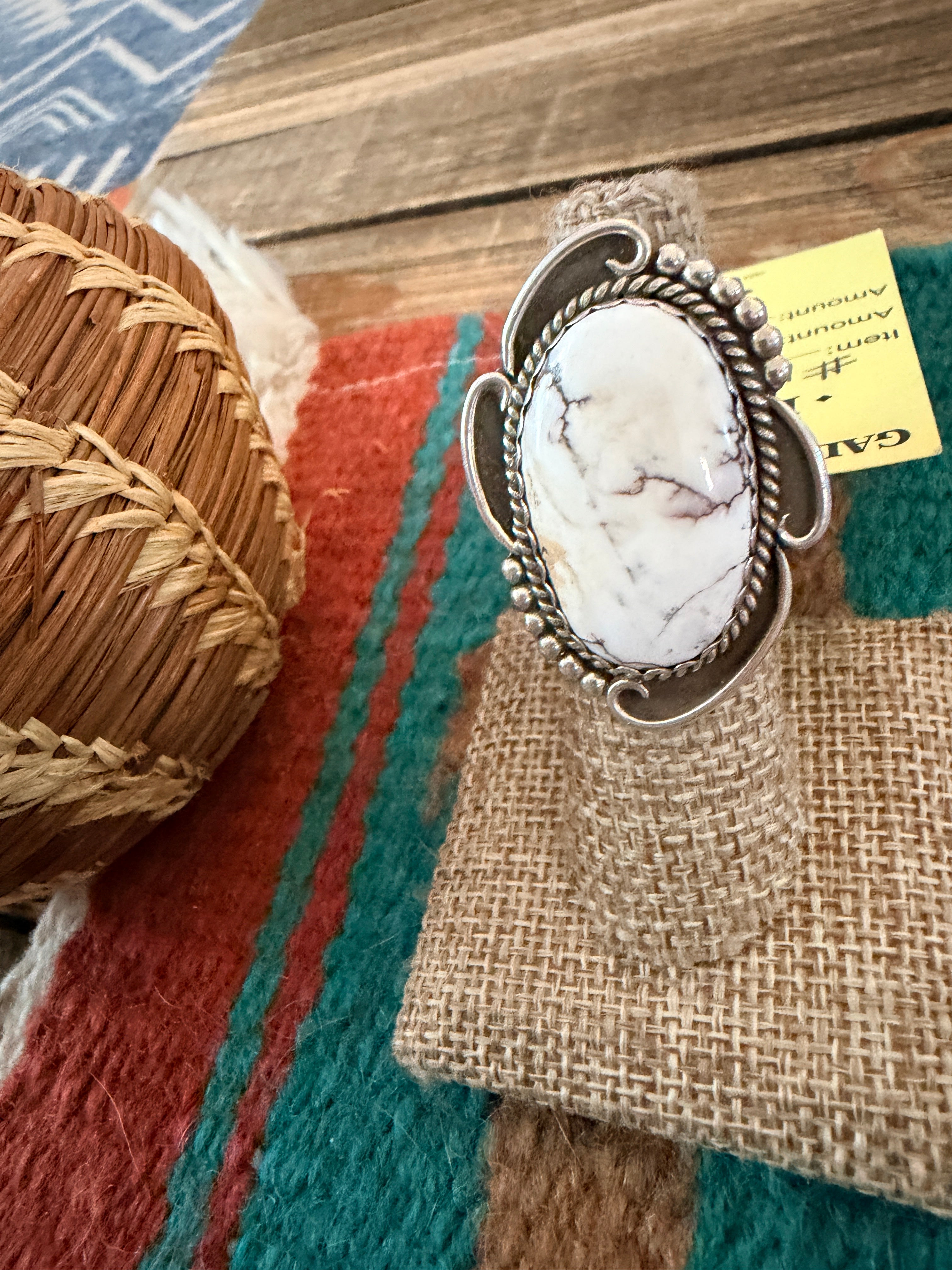 Old Pawn Handcrafted White Buffalo & Sterling Silver Ring Size 6.75