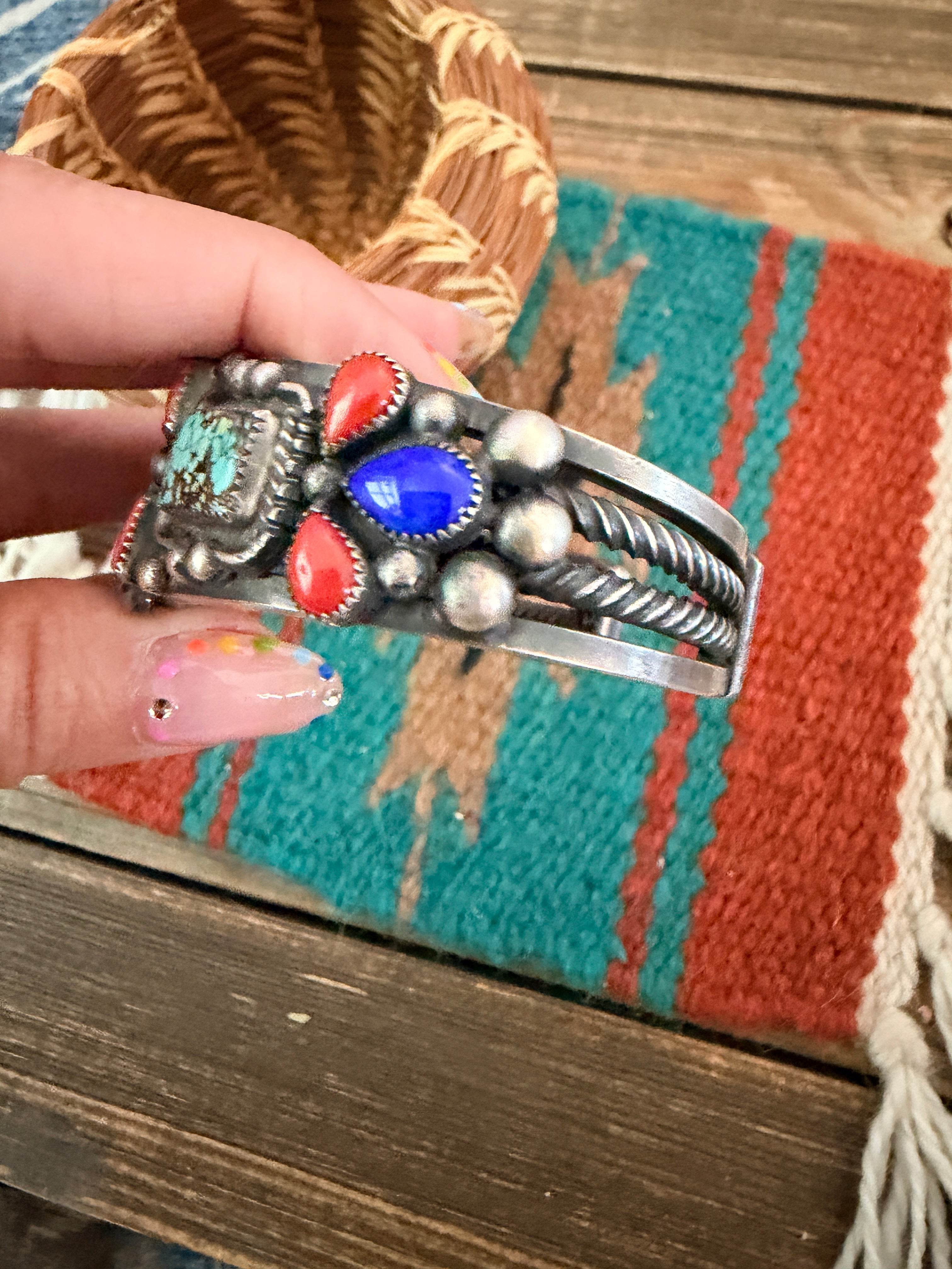 Handcrafted Old Pawn Sterling Silver & Multi Stone Cuff Bracelet