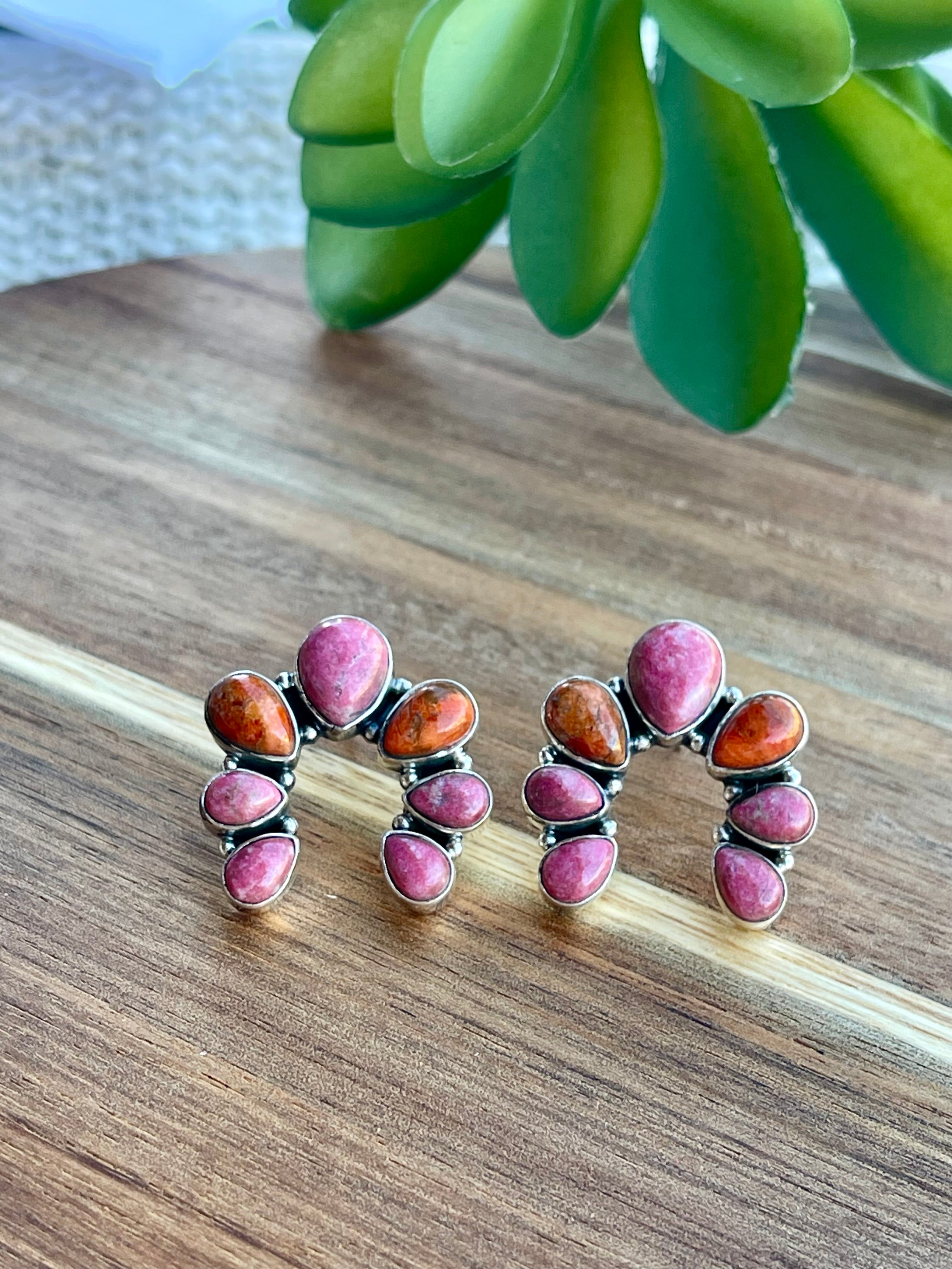 Handmade Orange Mojave, Rhodonite and Sterling Silver Post Naja Earrings Signed Nizhoni