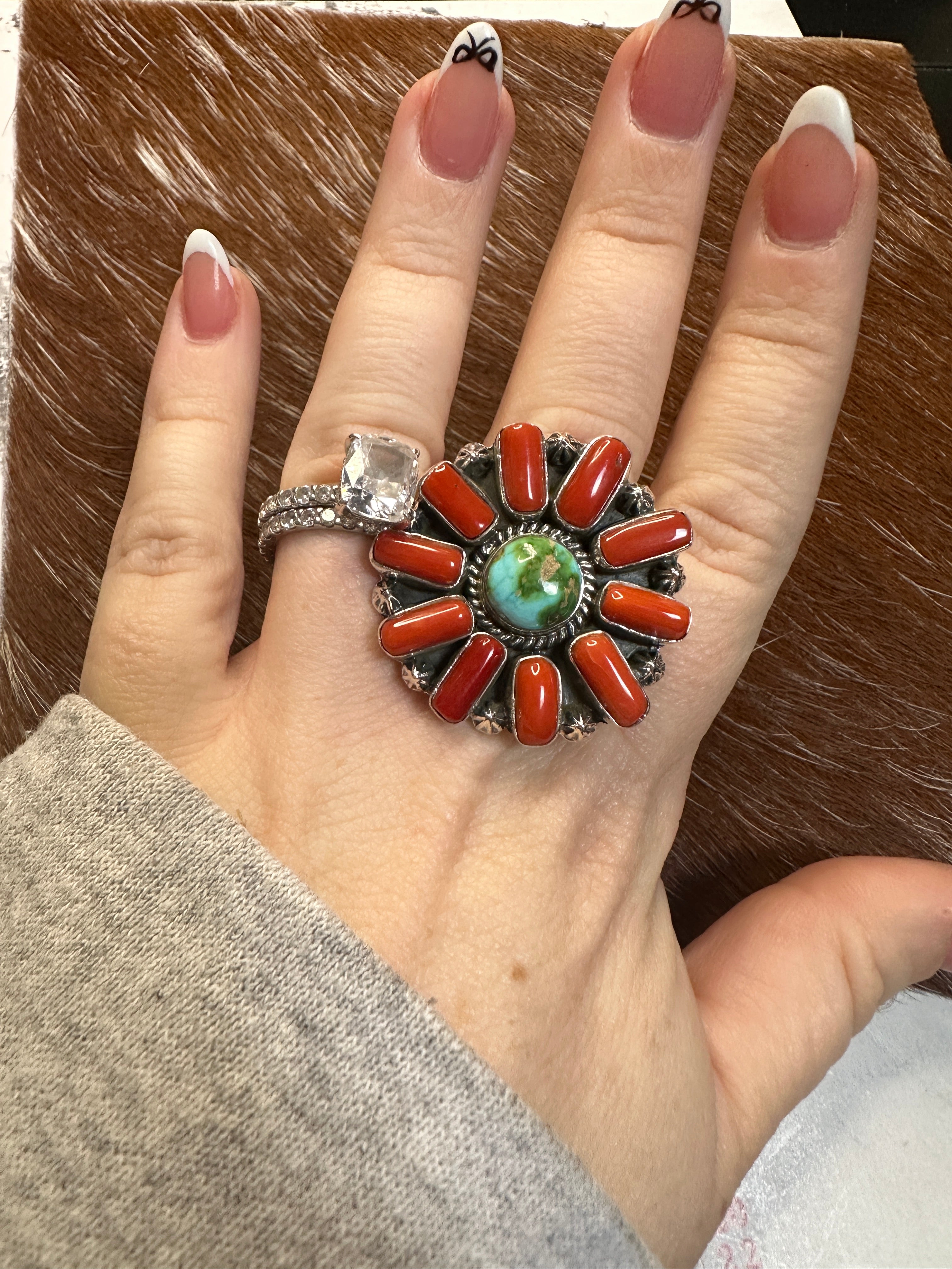 Beautiful Handmade Coral, Sonoran Turquoise And Sterling Silver Adjustable Statement Ring Style 13