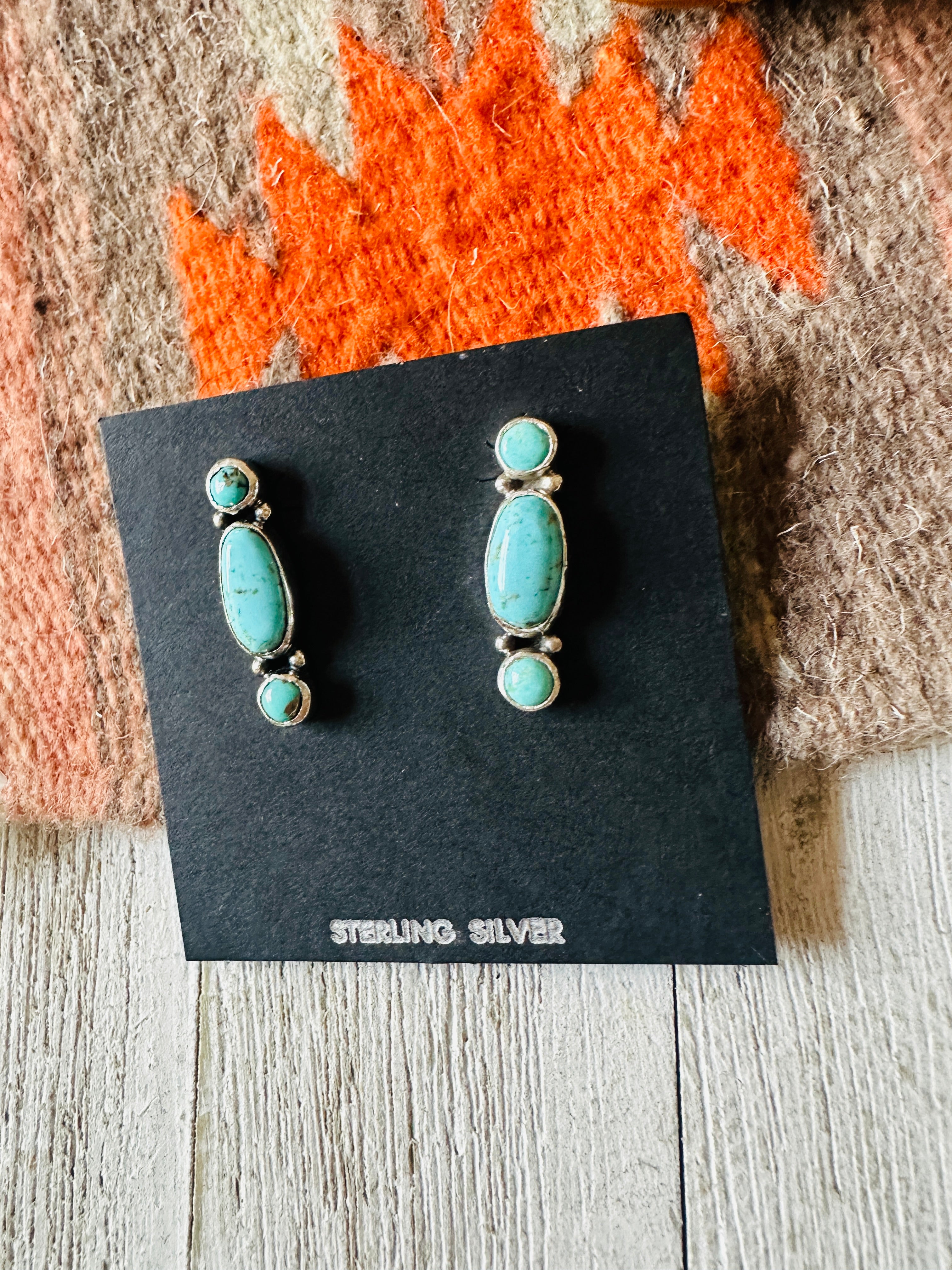 Navajo 3-Stone Turquoise And Sterling Silver Dangle Earrings