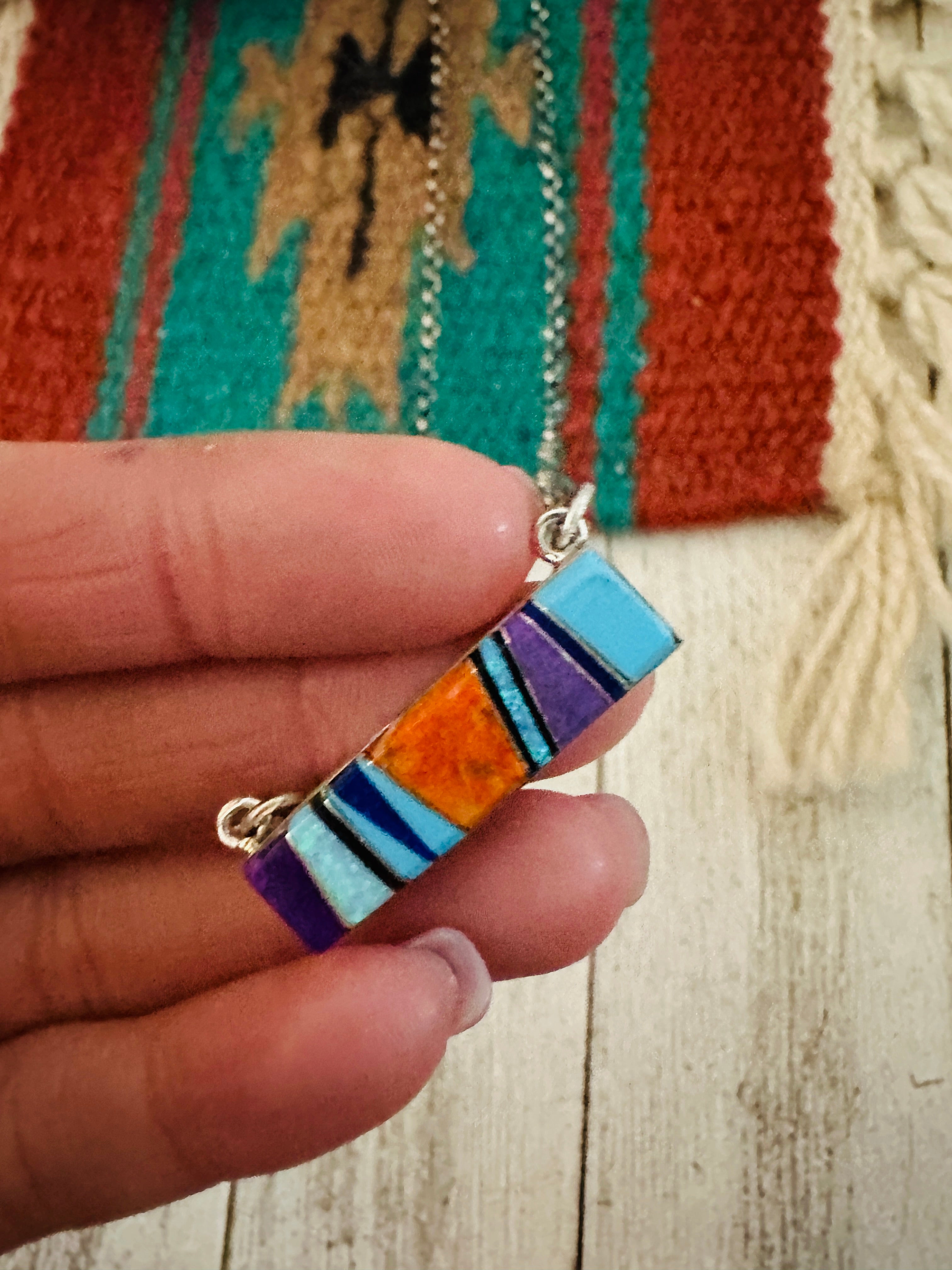 Navajo Multi Stone & Sterling Silver Inlay Bar Necklace