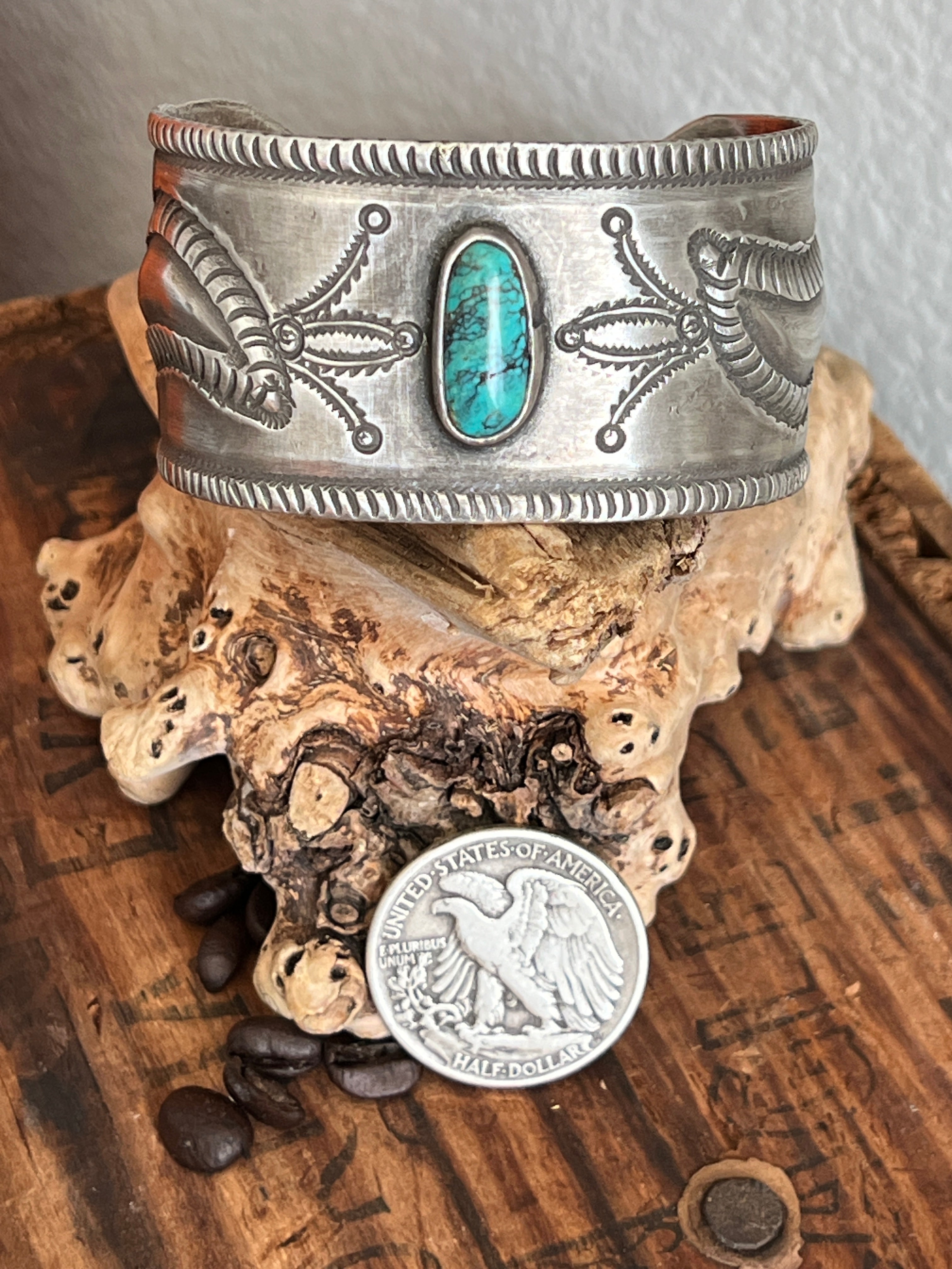 Hand Forged Old Pawn Sterling Silver & Turquoise Ingot Cuff Bracelet by Santa Fe Artist, Buffalo, The Harvest