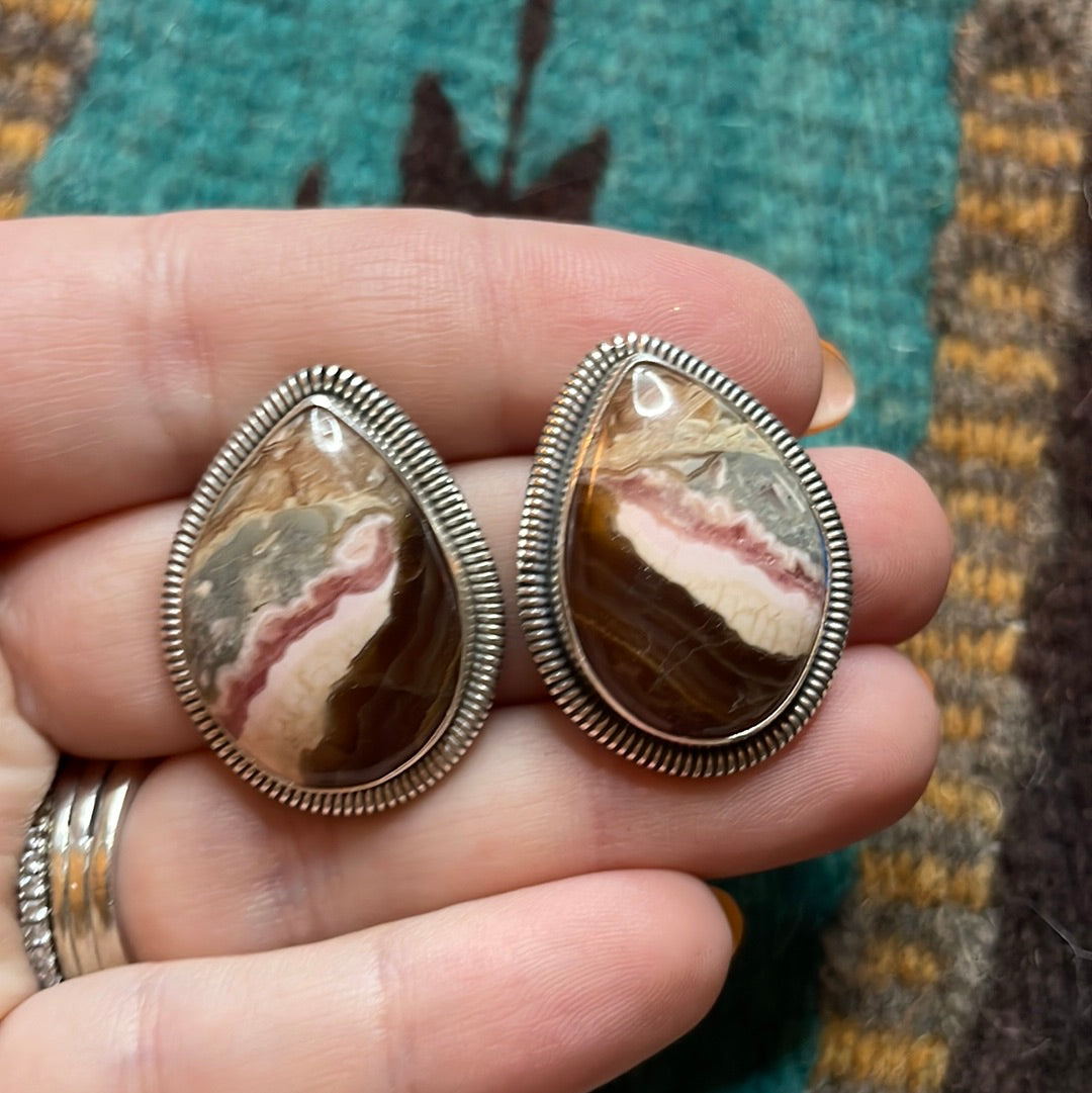 Navajo Sterling Silver & Rhodochrosite Stone Post Earrings