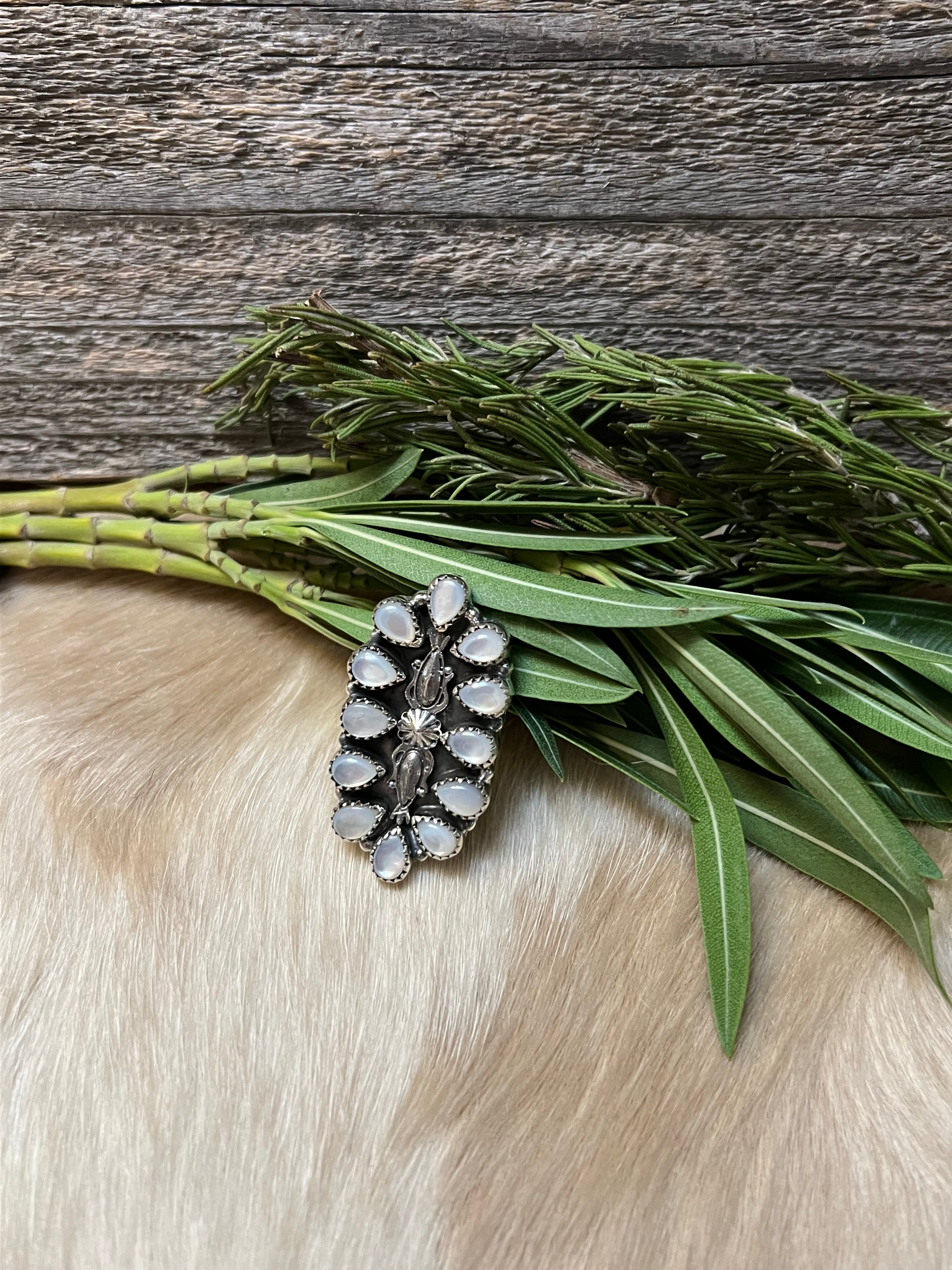 Handmade Mother Of Pearl Sterling Silver Concho Adjustable Statement Ring