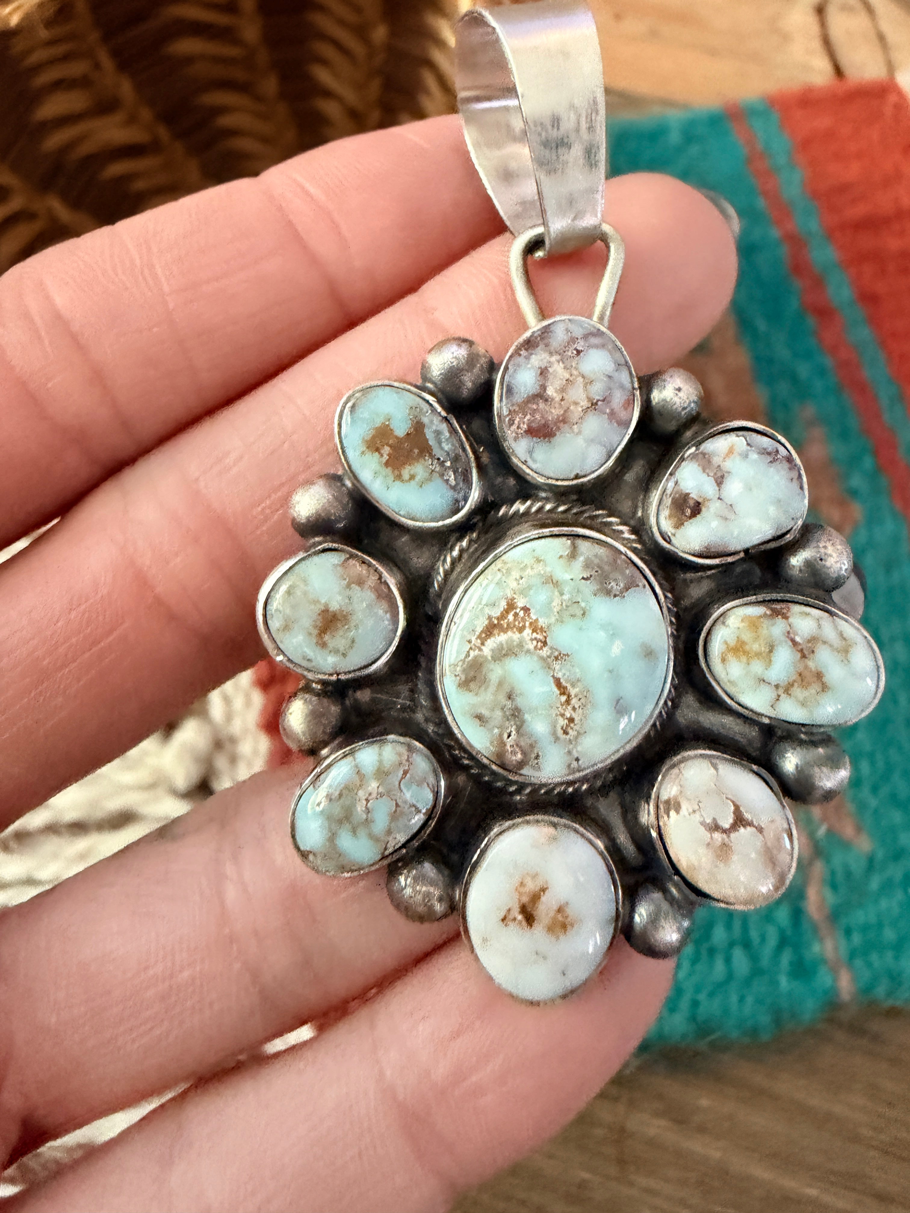 Handcrafted Sterling Silver & Dry Creek Turquoise Cluster Pendant by Travis Jim