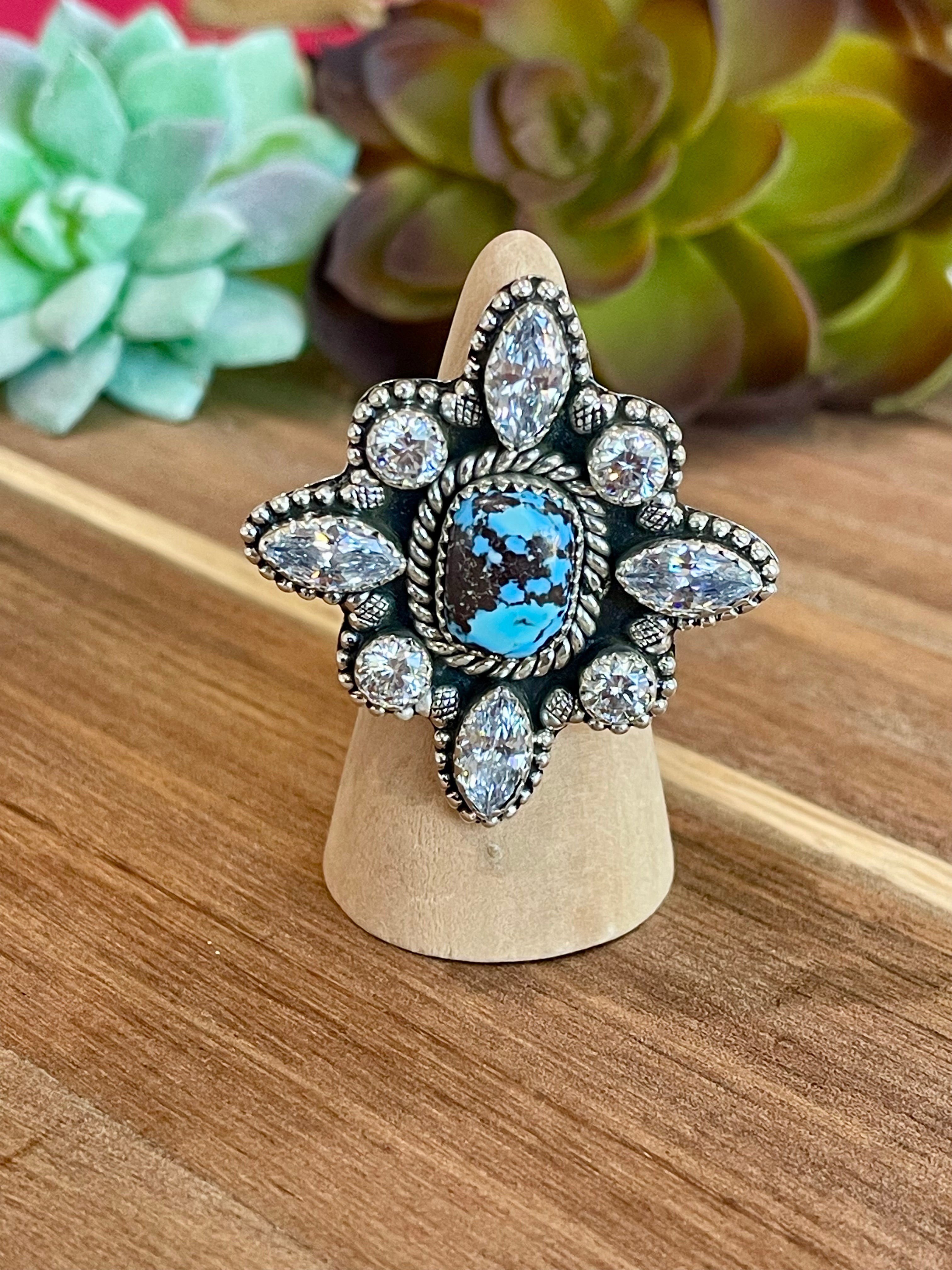 Beautiful Handmade Golden Hills Turquoise, Cubic Zirconia And Sterling Silver Adjustable Cluster Ring