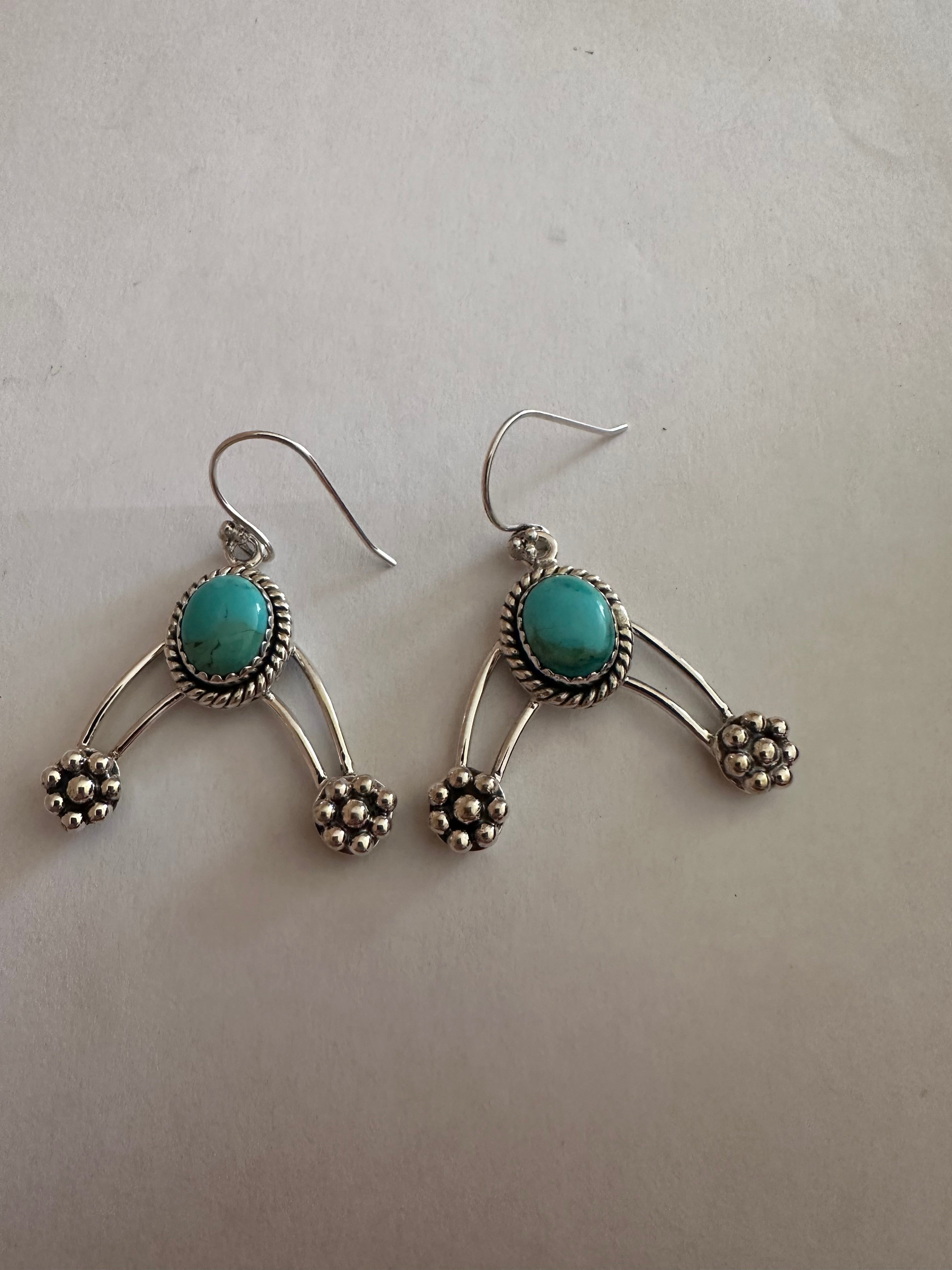 Gorgeous Natural Turquoise and Sterling Silver Wire Dangles Signed Nizhoni