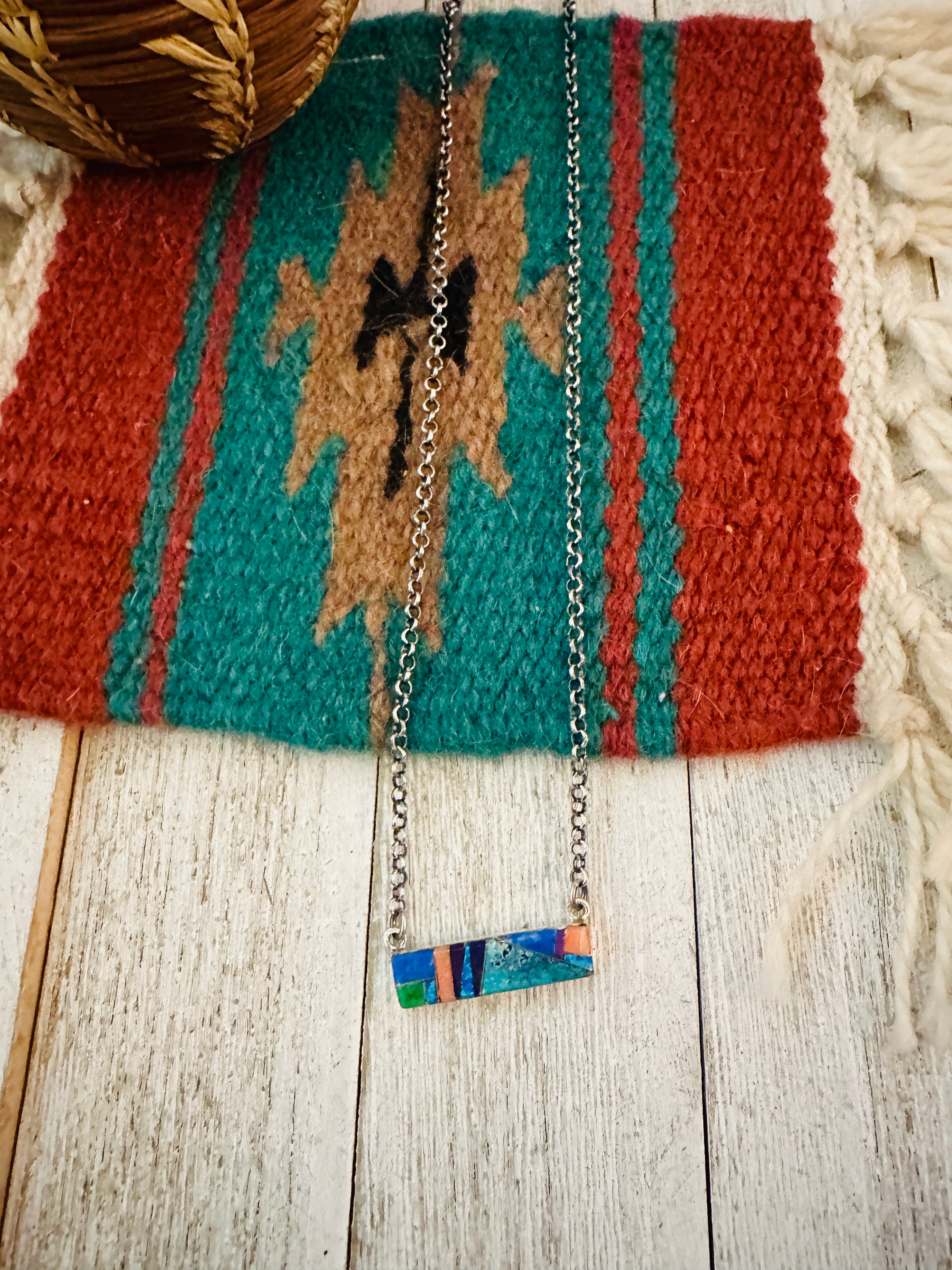 Navajo Multi Stone & Sterling Silver Inlay Bar Necklace