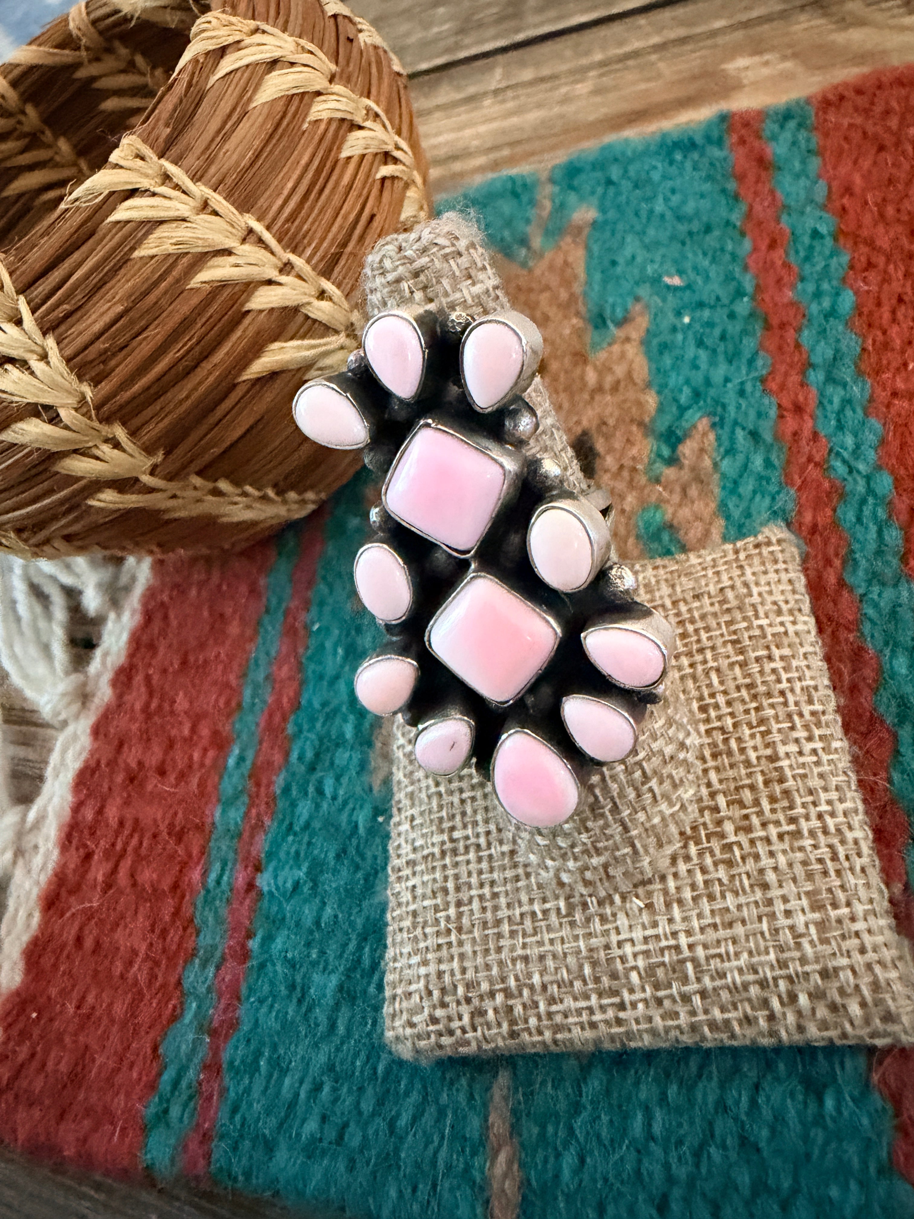 Handcrafted Queen Pink Conch & Sterling Silver Cluster Ring by Travis Jim