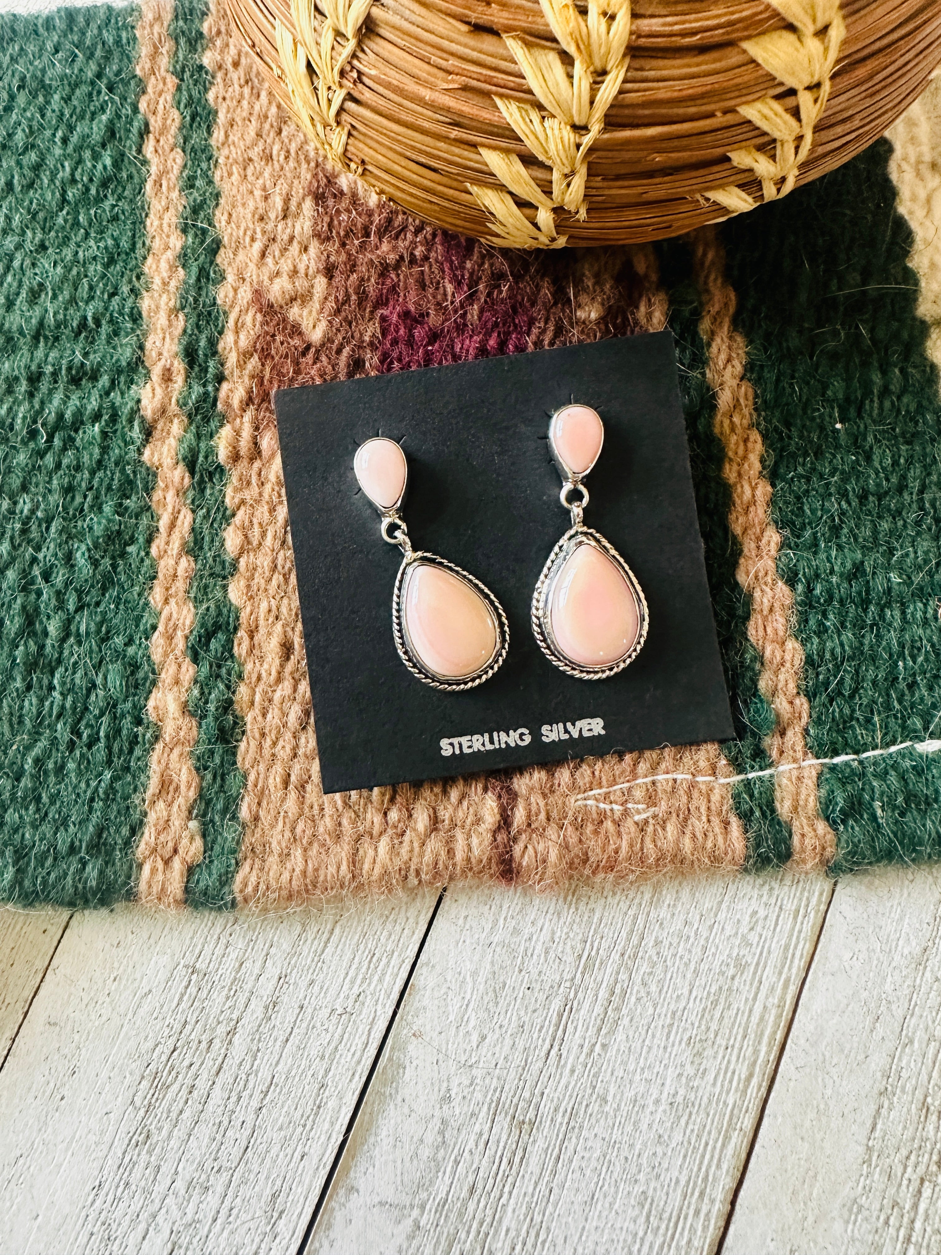 Navajo Sterling Silver & Queen Pink Conch Dangle Earrings