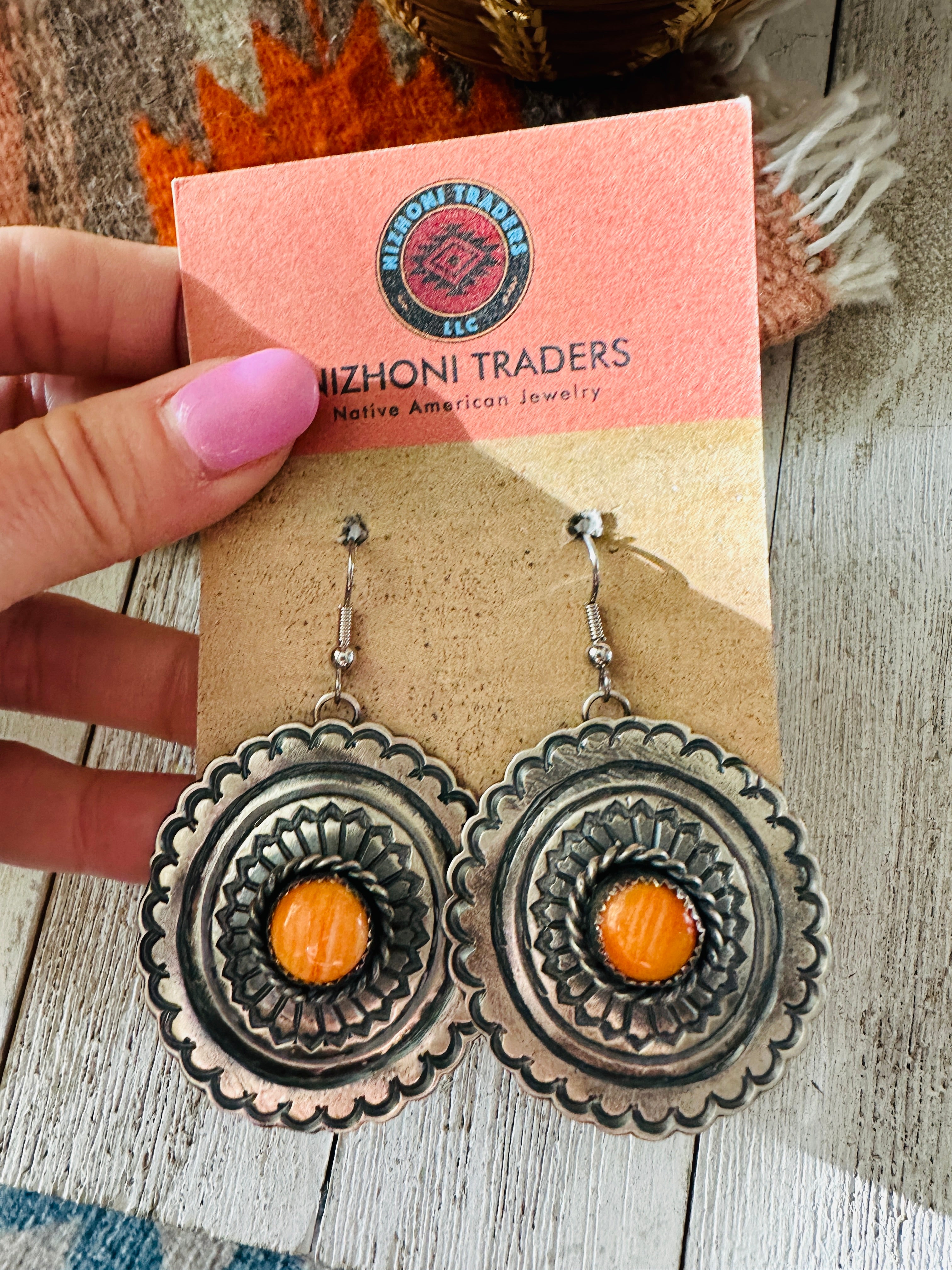 Navajo Orange Spiny and Sterling Silver Concho Dangle Earrings