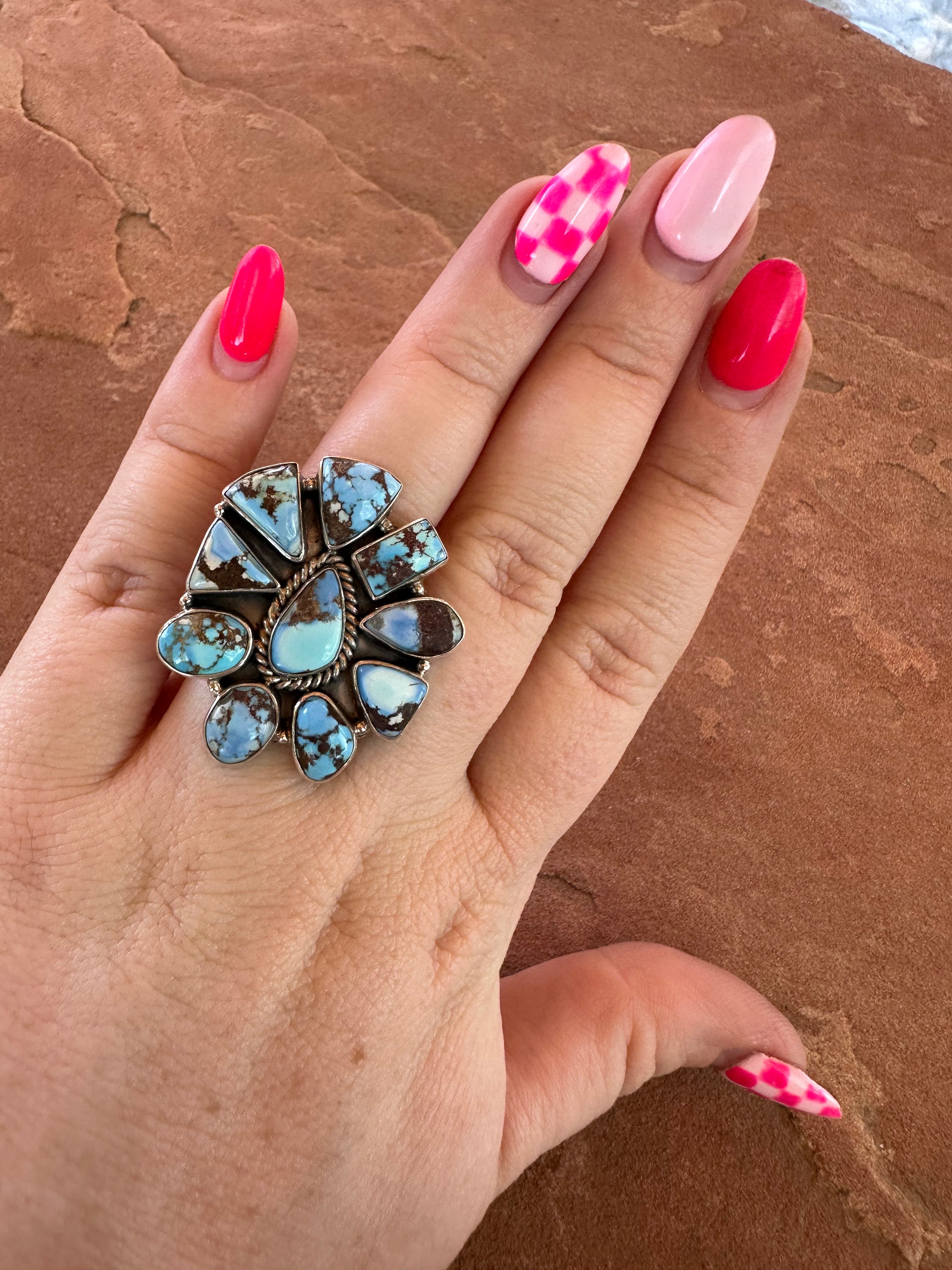 Beautiful Handmade Golden Hills Turquoise And Sterling Silver Adjustable Cluster Ring